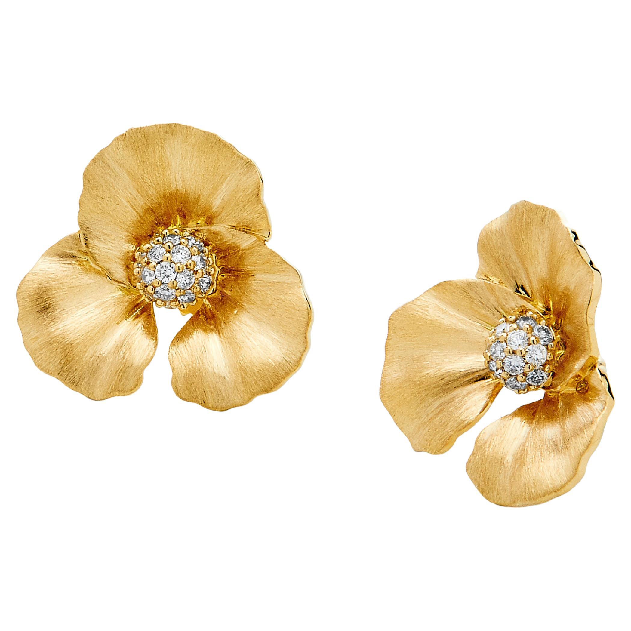 Syna Yellow Gold Flower Earrings with Diamonds For Sale