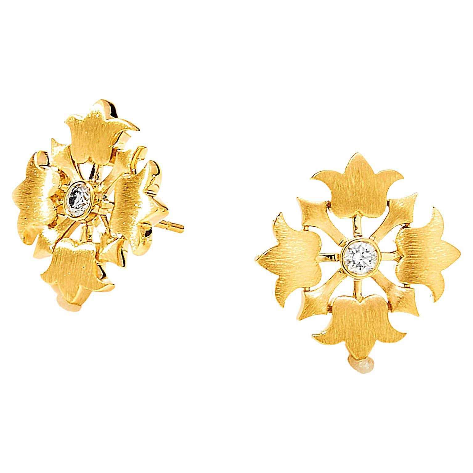 Syna Yellow Gold Flower Earrings with Diamonds For Sale