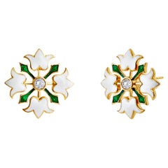 Syna Yellow Gold Flower Earrings with Enamel and Diamonds