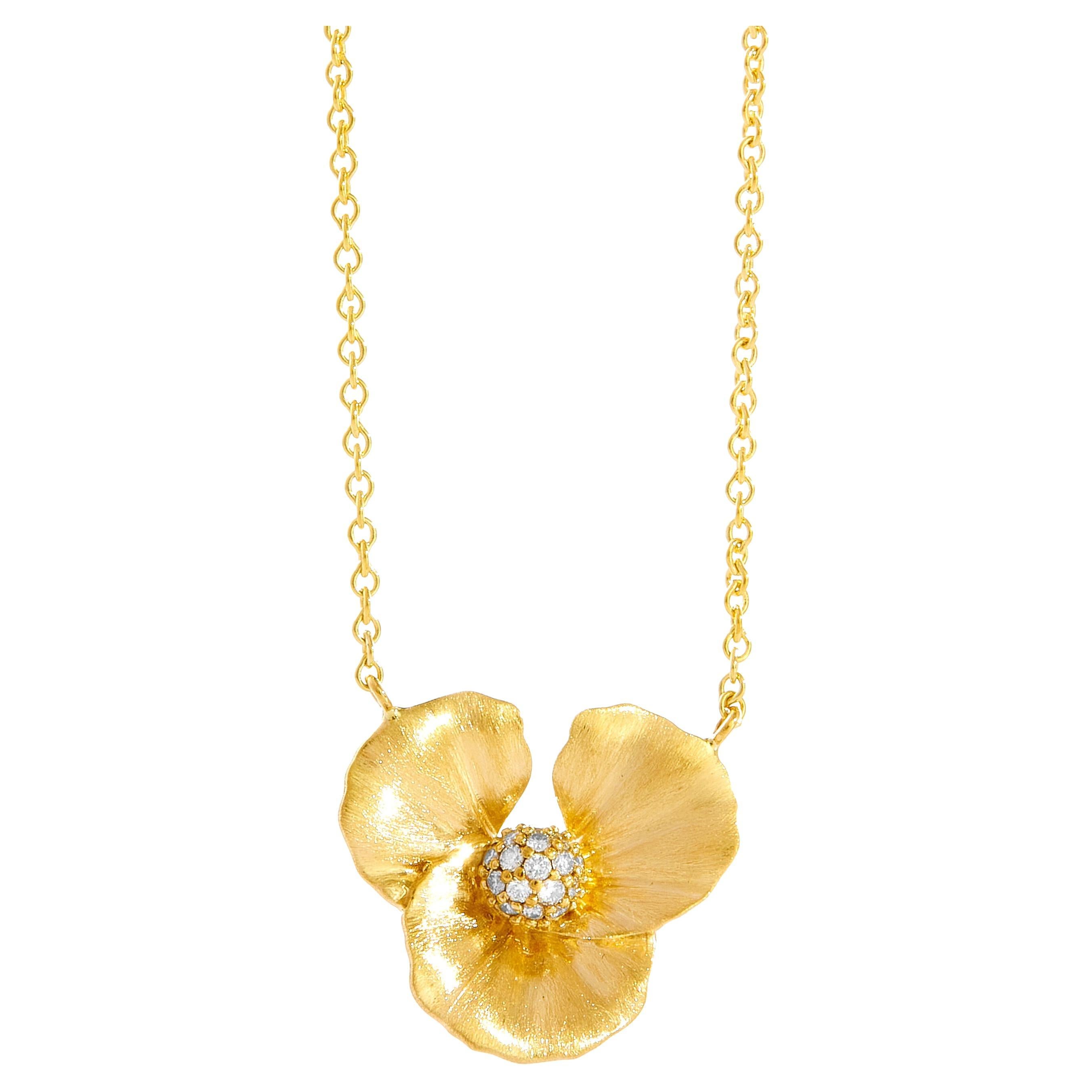 Syna Yellow Gold Flower Necklace with Diamonds For Sale