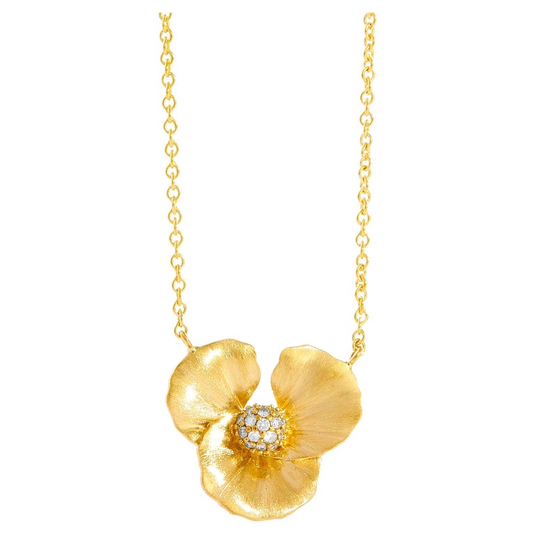 Syna Yellow Gold Flower Necklace with Champagne Diamonds For Sale at