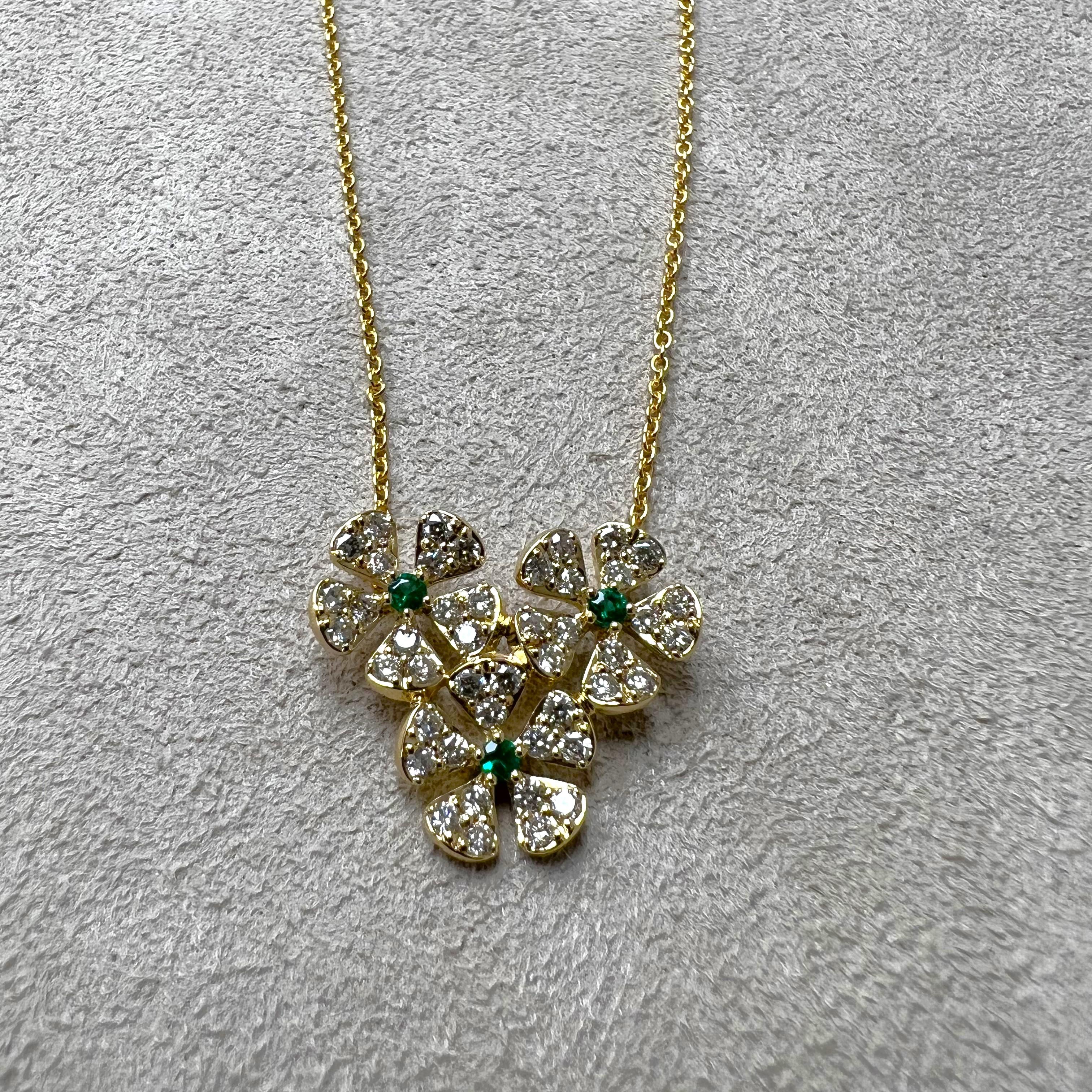 Created in 18 karat yellow gold
Emeralds 0.10 carat approx.
Diamonds 0.65 carat approx.
18 inch chain with loops at 16 & 17th inch
18 kyg lobster lock

Exquisitely crafted in 18-karat yellow gold, this magnificent necklace is adorned with a