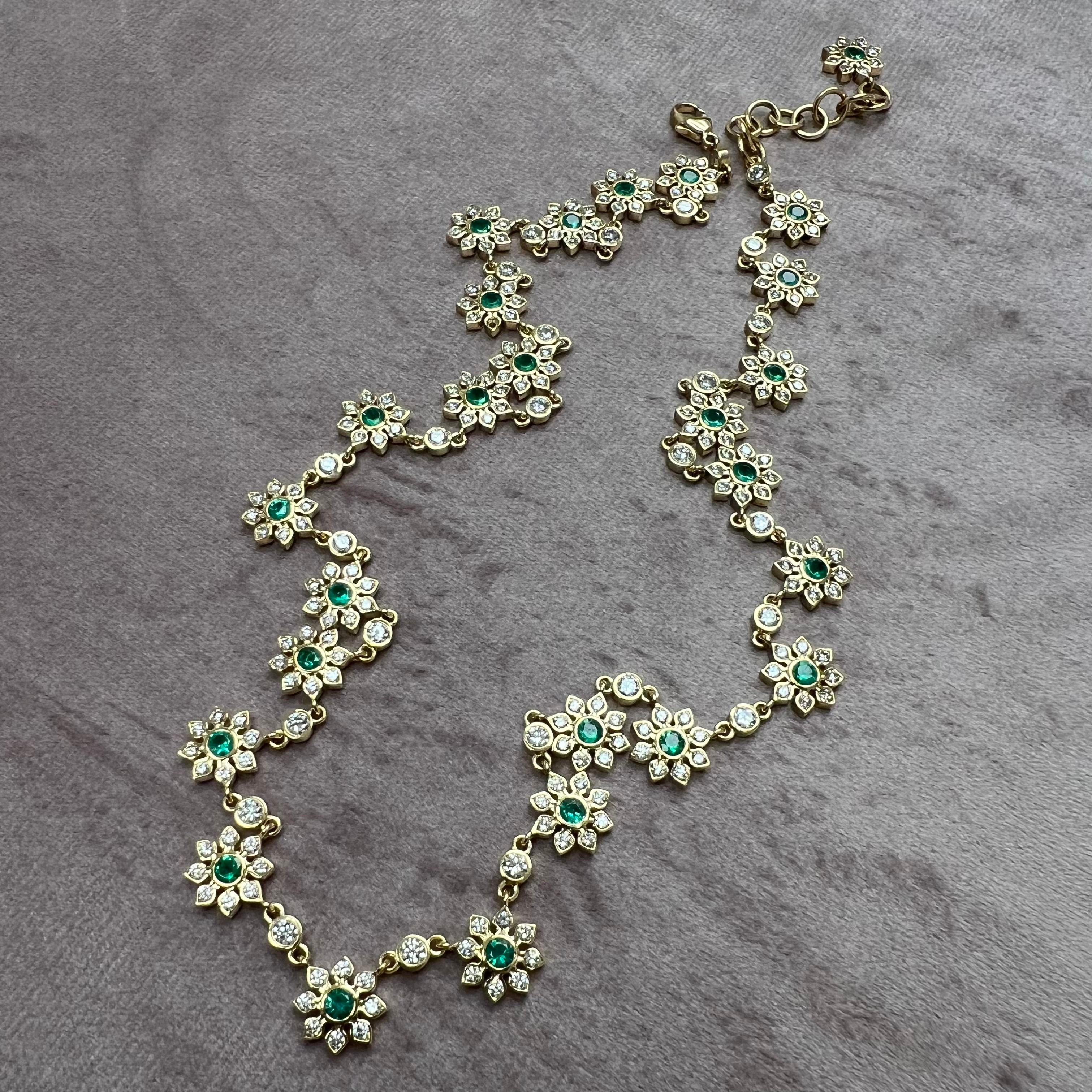 Contemporary Syna Yellow Gold Flower Necklace with Emeralds and Diamonds For Sale