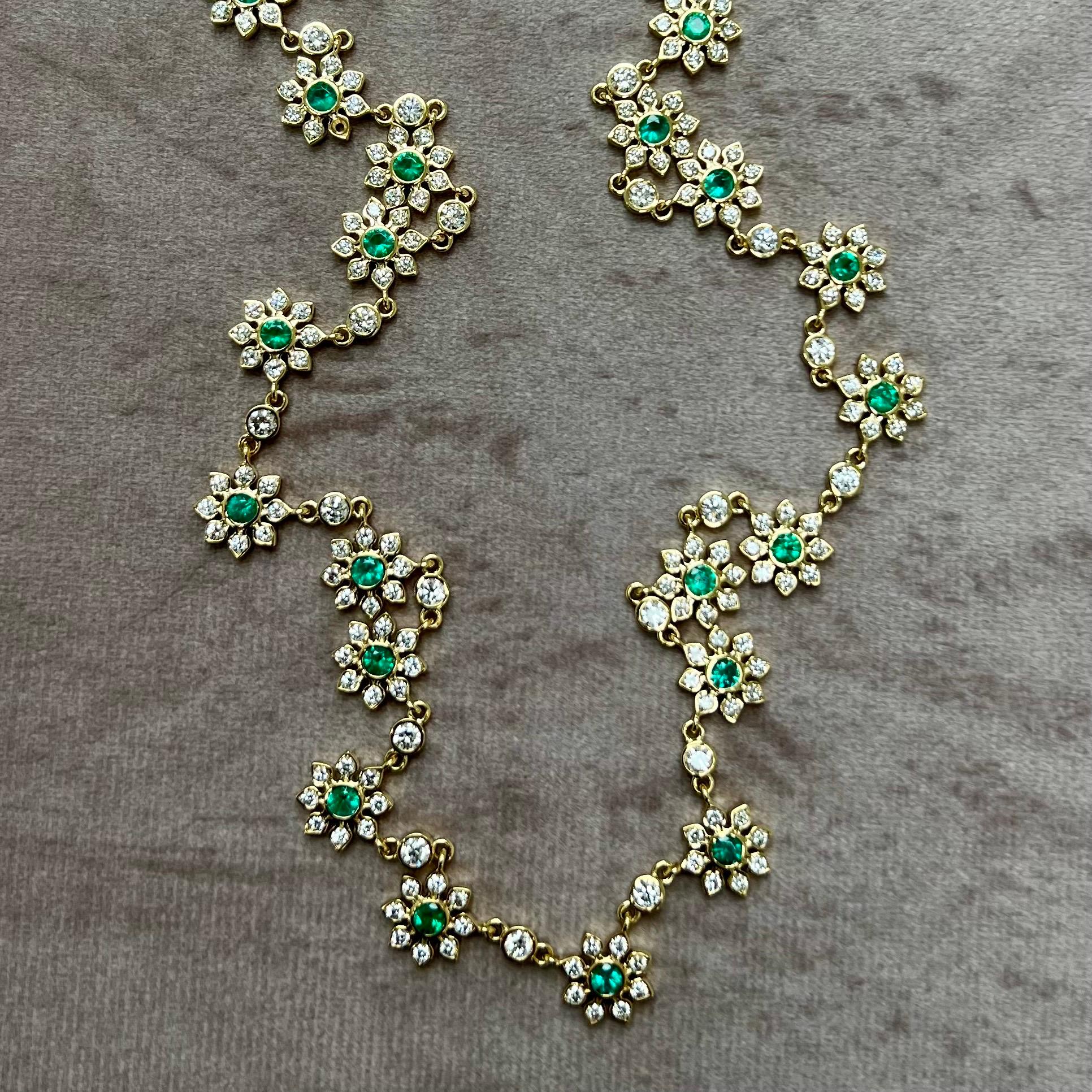 Women's Syna Yellow Gold Flower Necklace with Emeralds and Diamonds For Sale