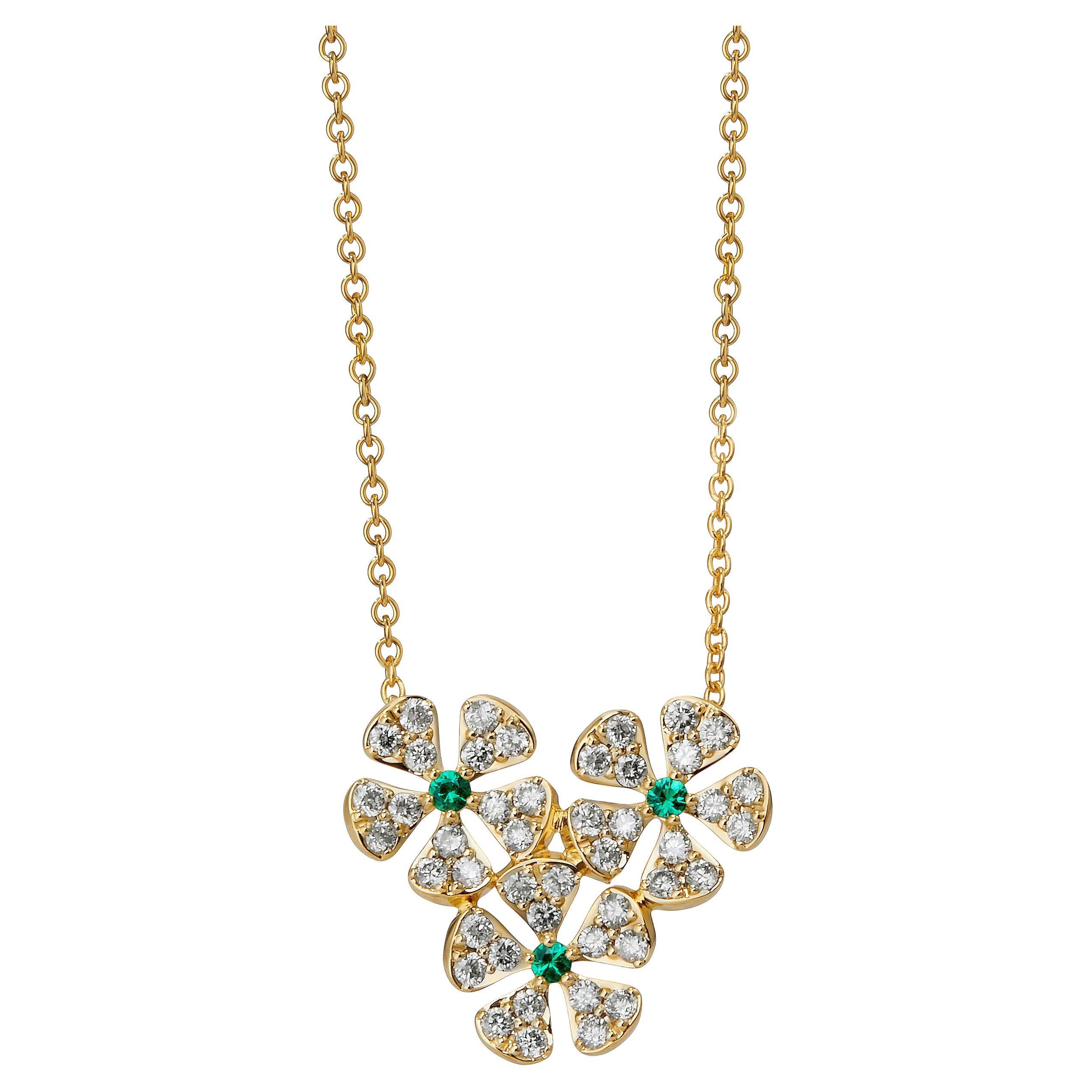 Syna Yellow Gold Flower Necklace with Emeralds and Diamonds For Sale