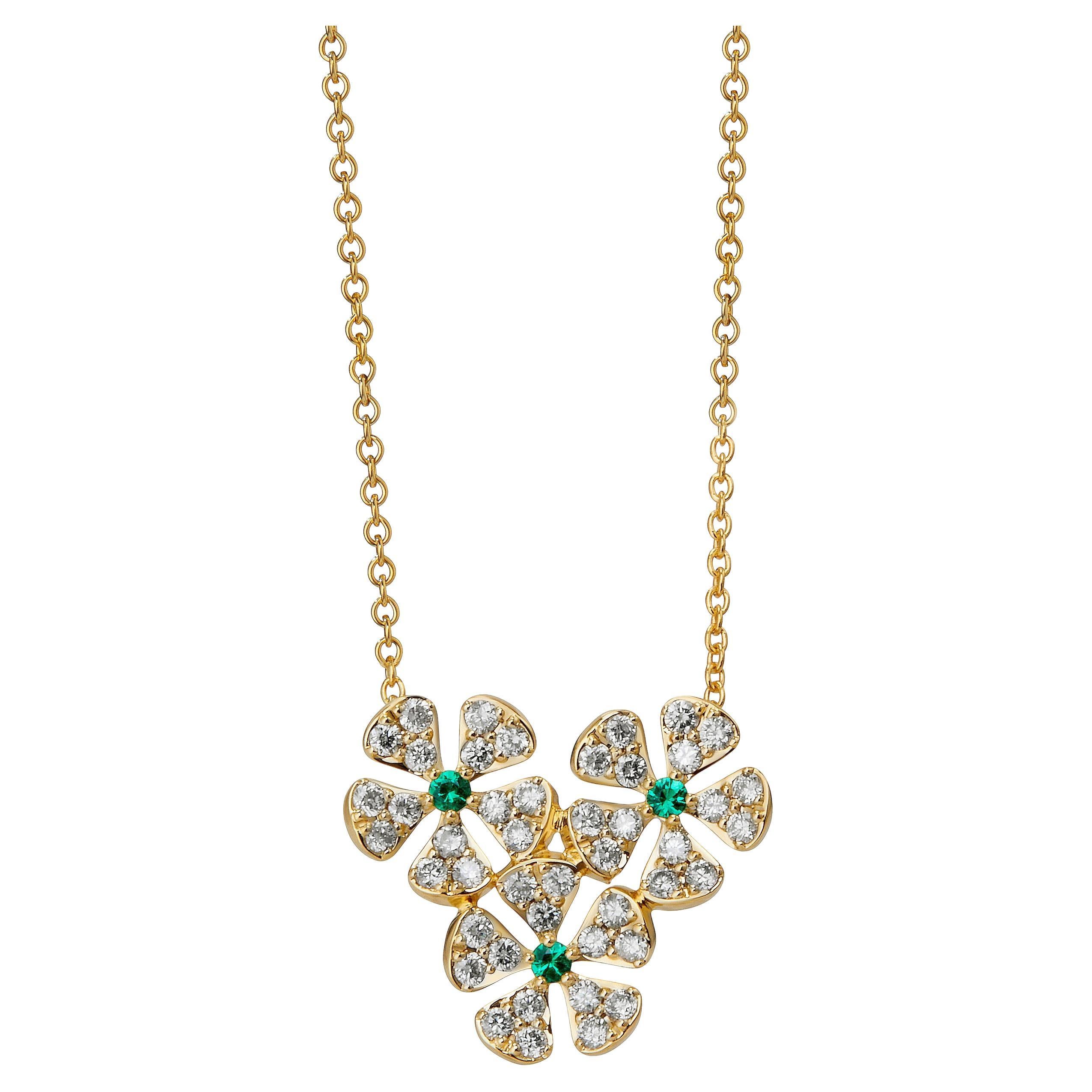 Syna Blumenhalskette aus Gelbgold mit Smaragden und Diamanten im Angebot