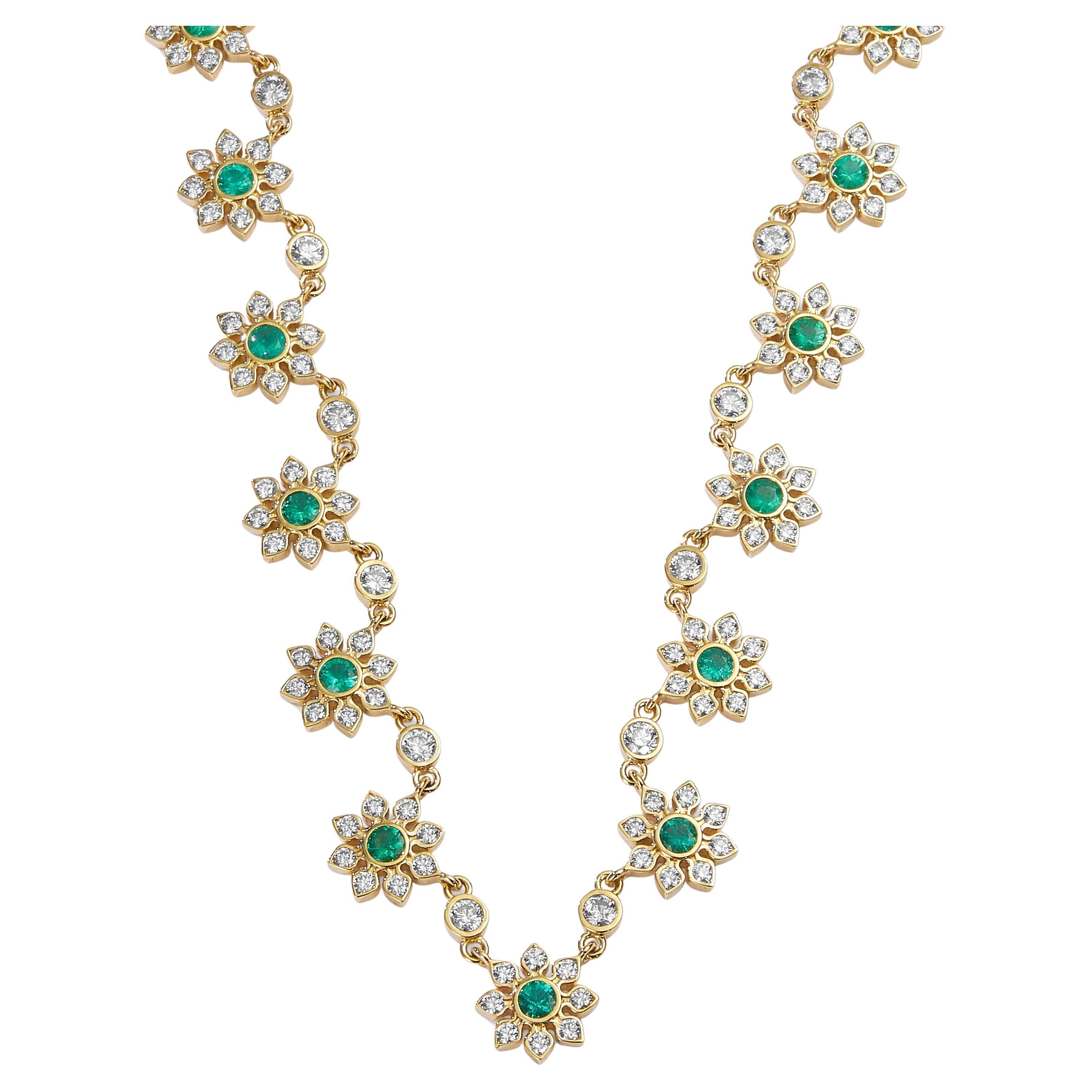 Syna Yellow Gold Flower Necklace with Emeralds and Diamonds For Sale