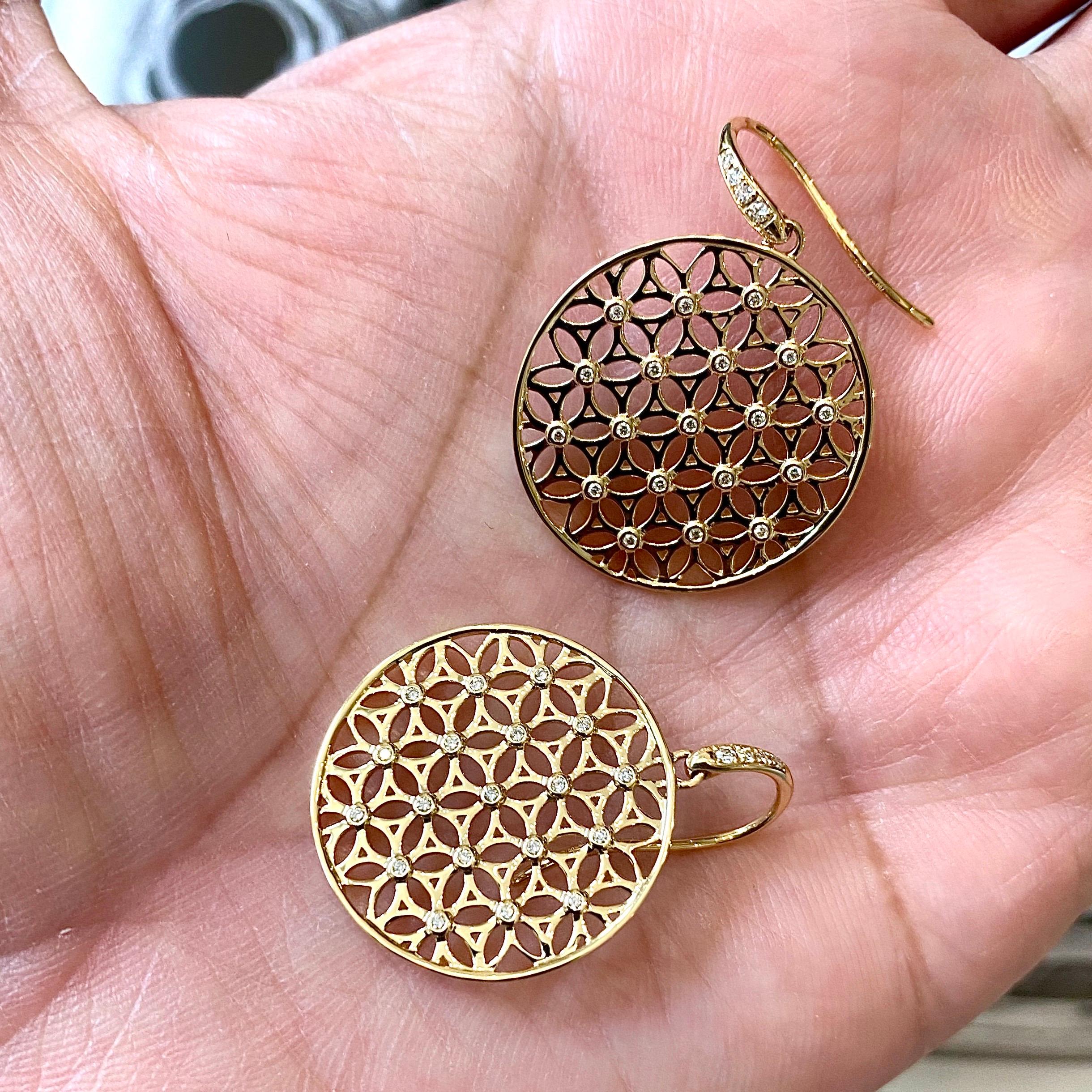 Round Cut Syna Yellow Gold Flower of Life Earrings with Diamonds For Sale
