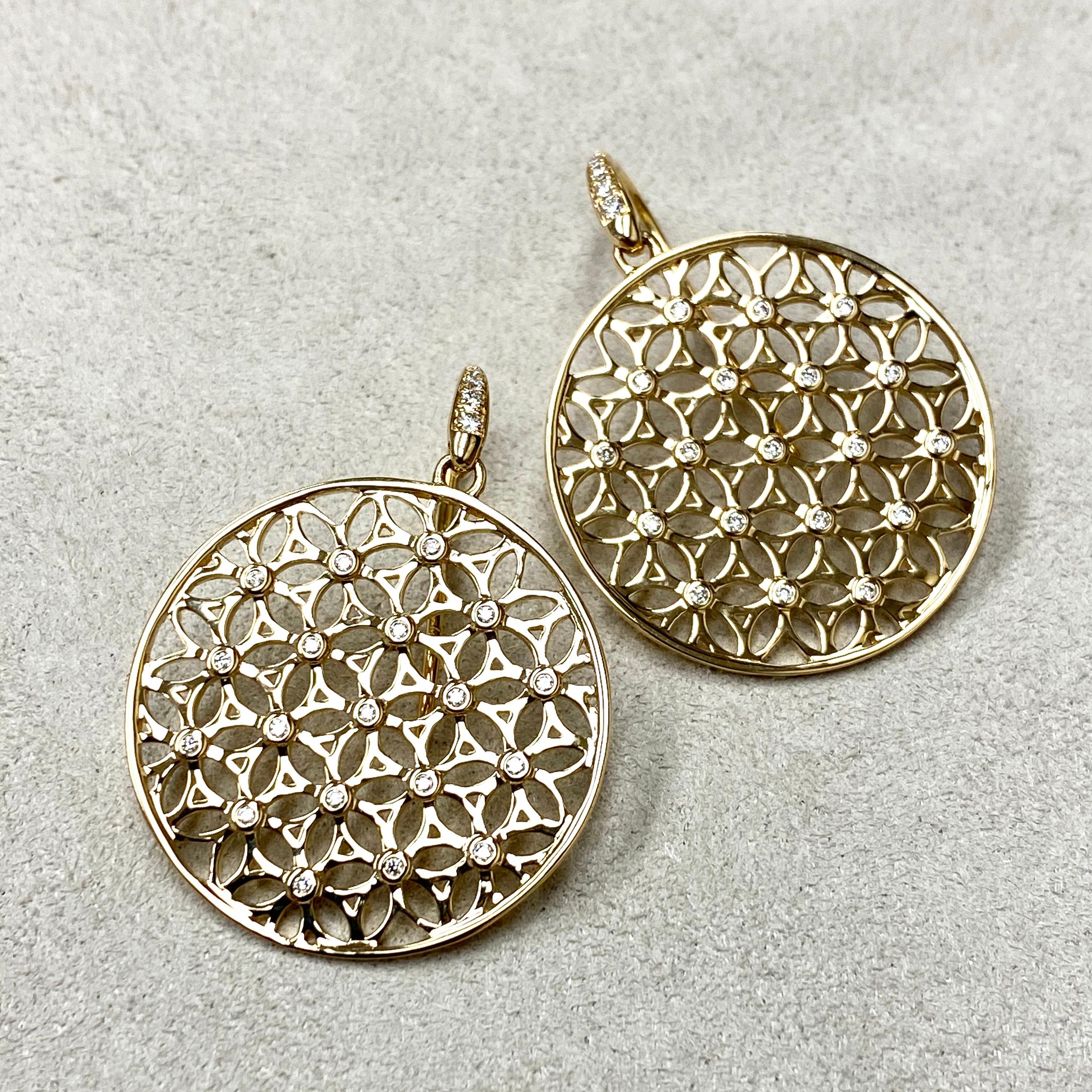 Syna Yellow Gold Flower of Life Earrings with Diamonds In New Condition For Sale In Fort Lee, NJ