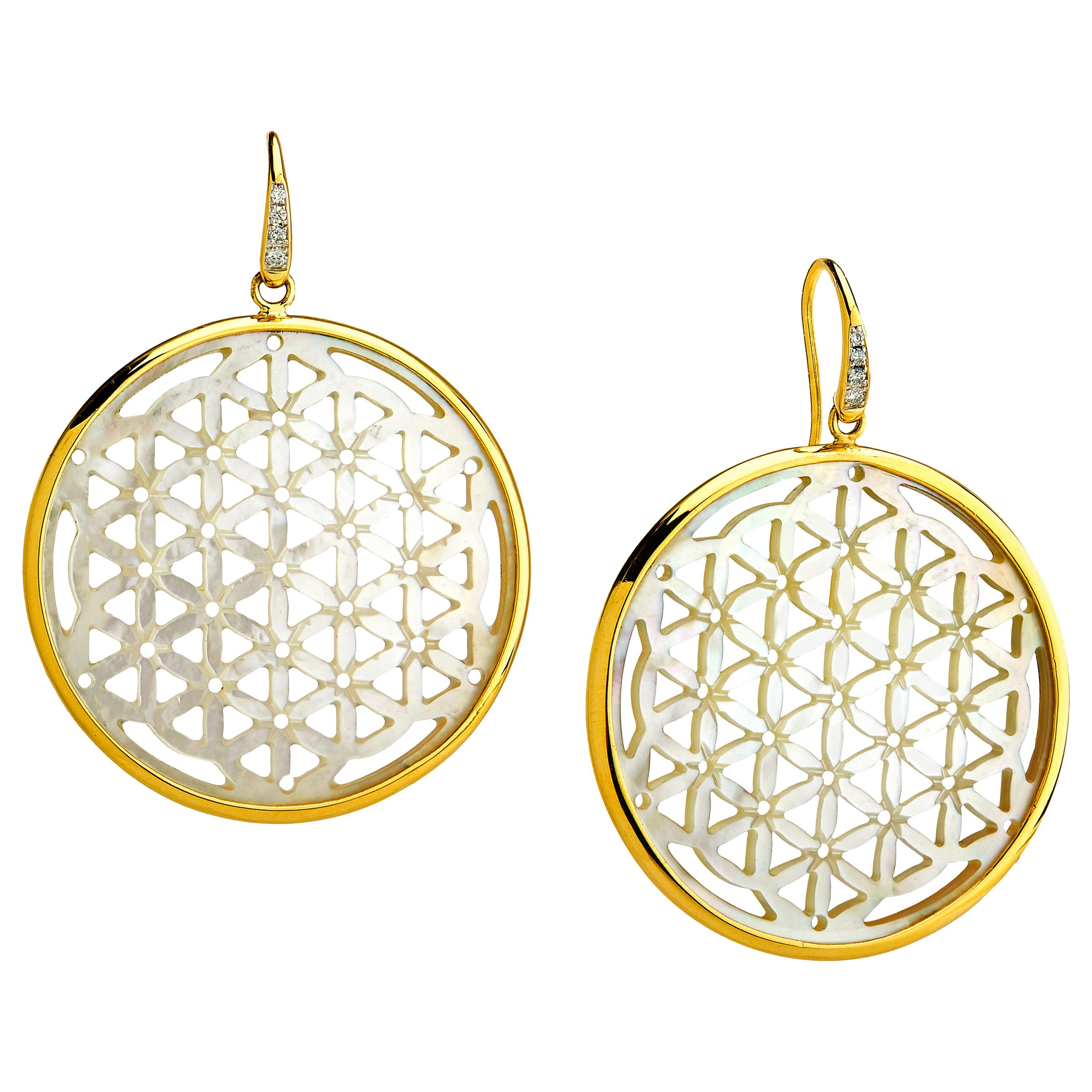Syna Yellow Gold Flower of Life Earrings with Diamonds For Sale