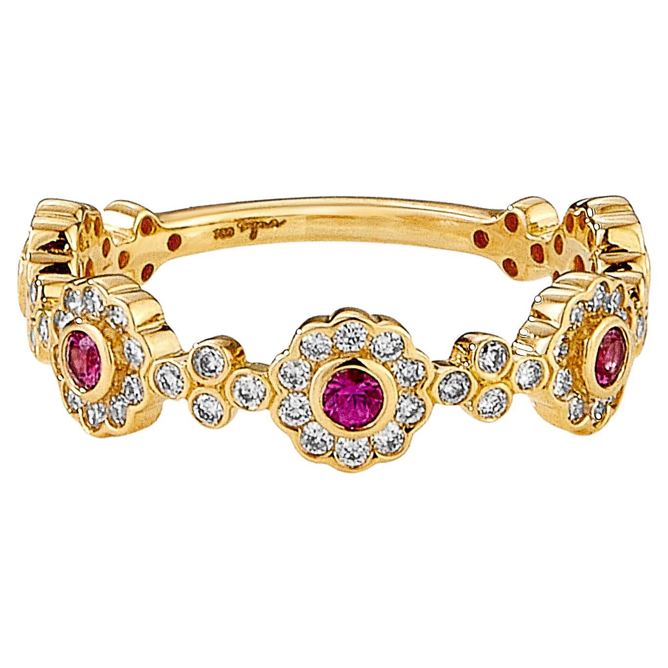 Syna Yellow Gold Flower Ring with Rubies and Diamonds For Sale