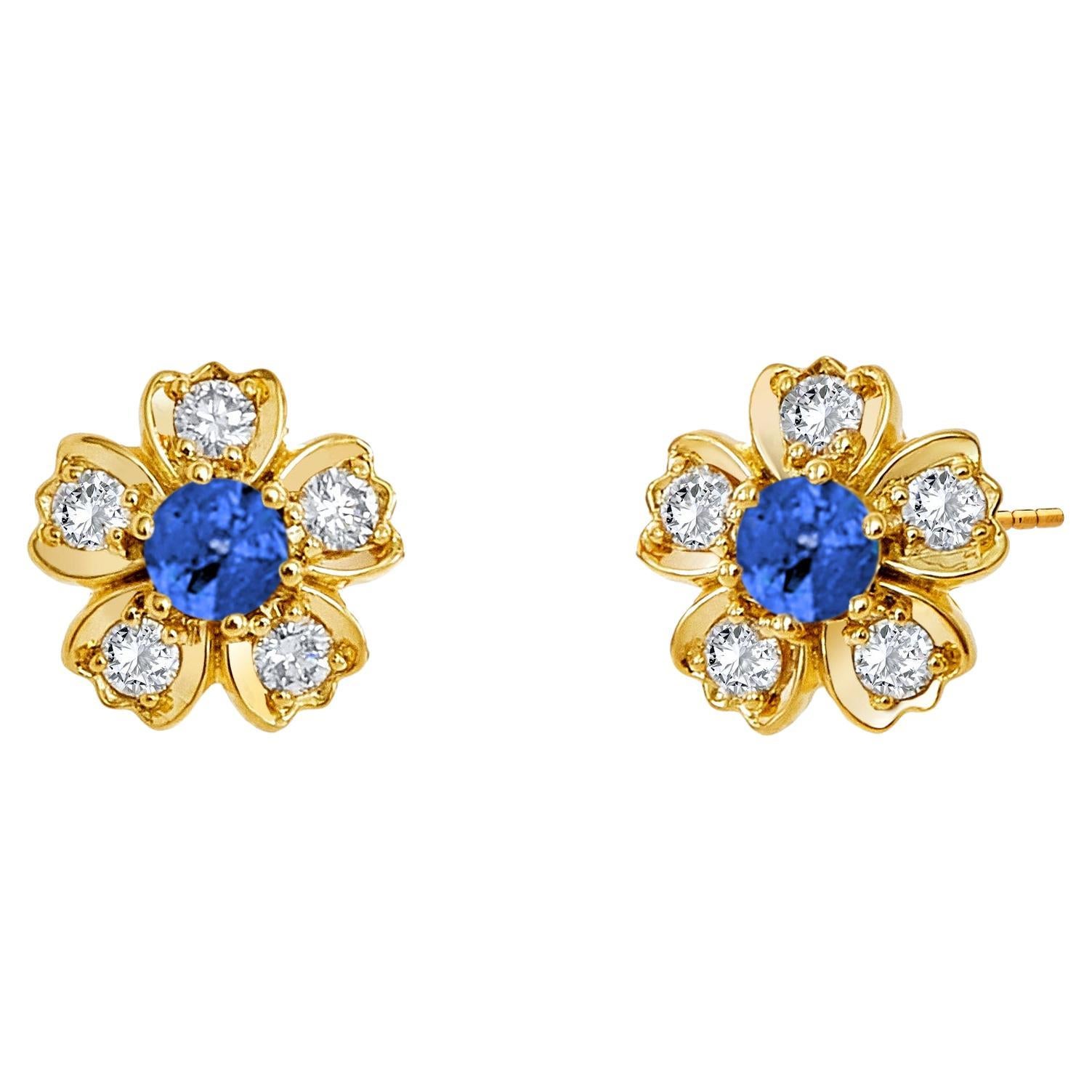 Syna Yellow Gold Flower Studs with Blue Sapphires and Diamonds For Sale