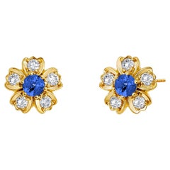Syna Yellow Gold Flower Studs with Blue Sapphires and Diamonds