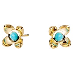 Syna Yellow Gold Flower Studs with Sleeping Beauty Turquoise
