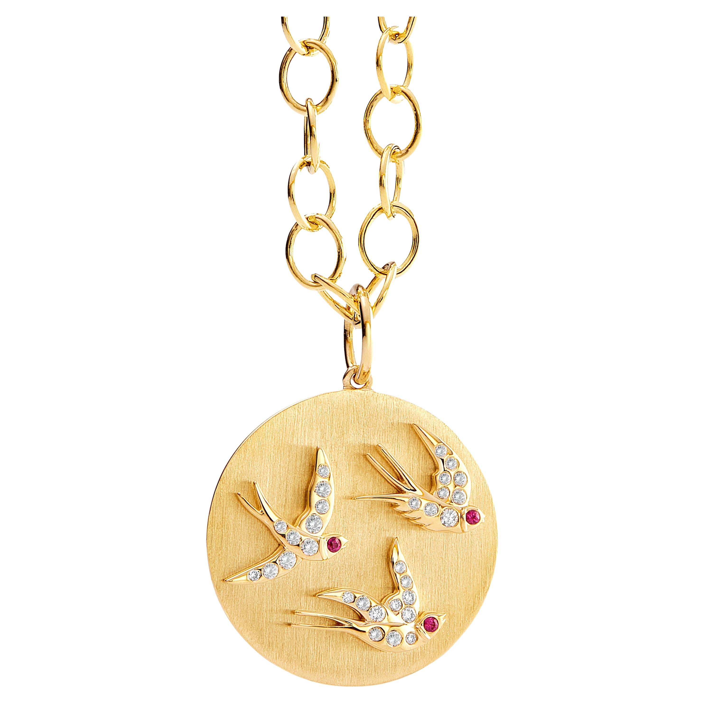 Syna Yellow Gold Flying Swallows Pendant with Rubies and Champagne Diamonds For Sale