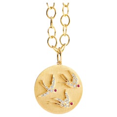 Syna Yellow Gold Flying Swallows Pendant with Rubies and Champagne Diamonds