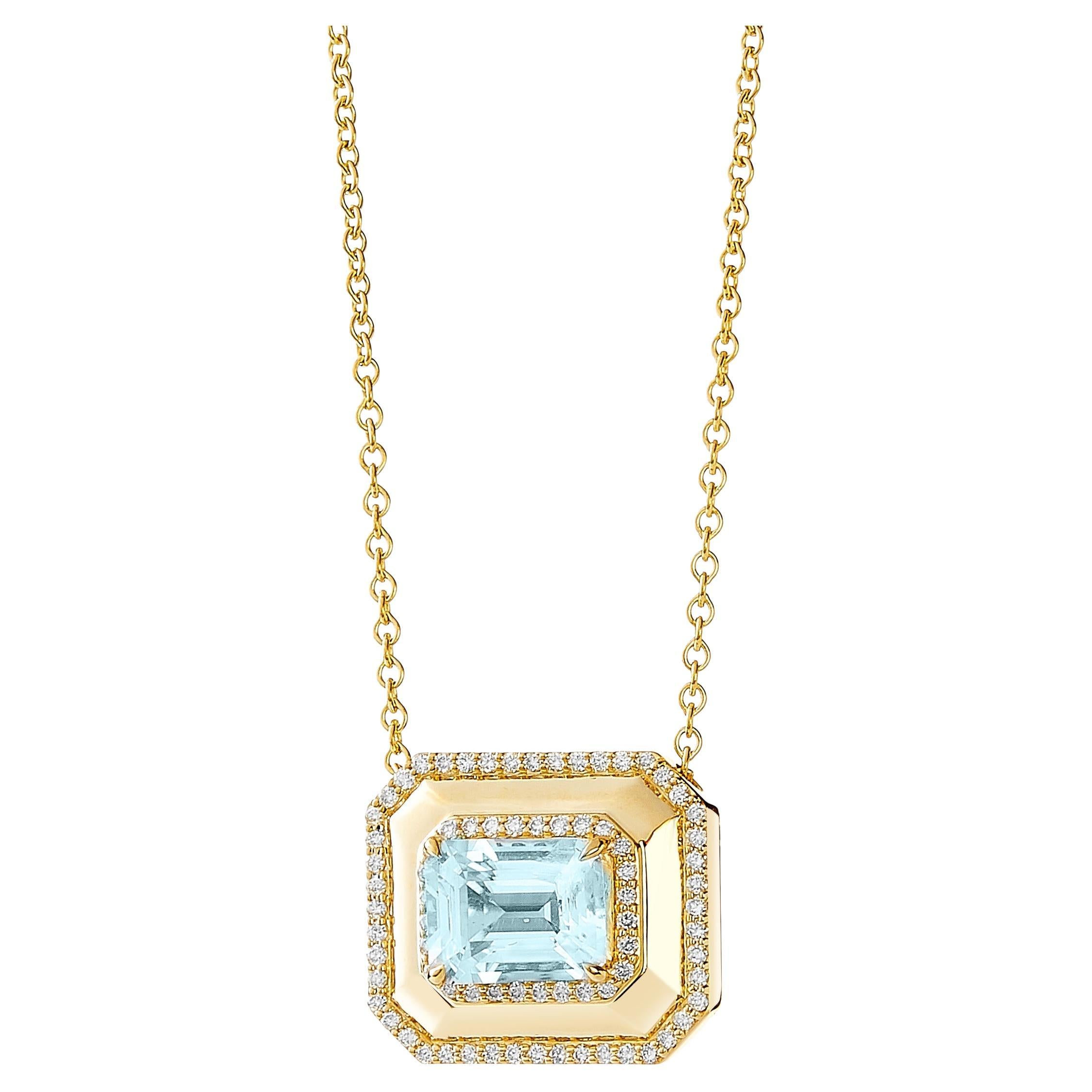 Syna Yellow Gold Geometrix Blue Topaz Necklace with Diamonds For Sale