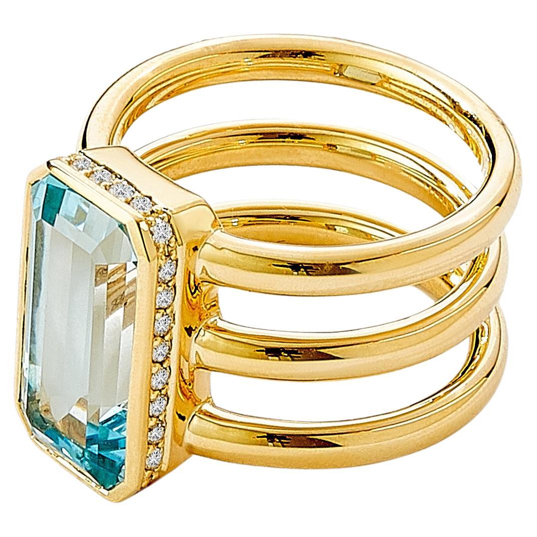 Syna Yellow Gold Geometrix Blue Topaz Ring with Diamonds For Sale
