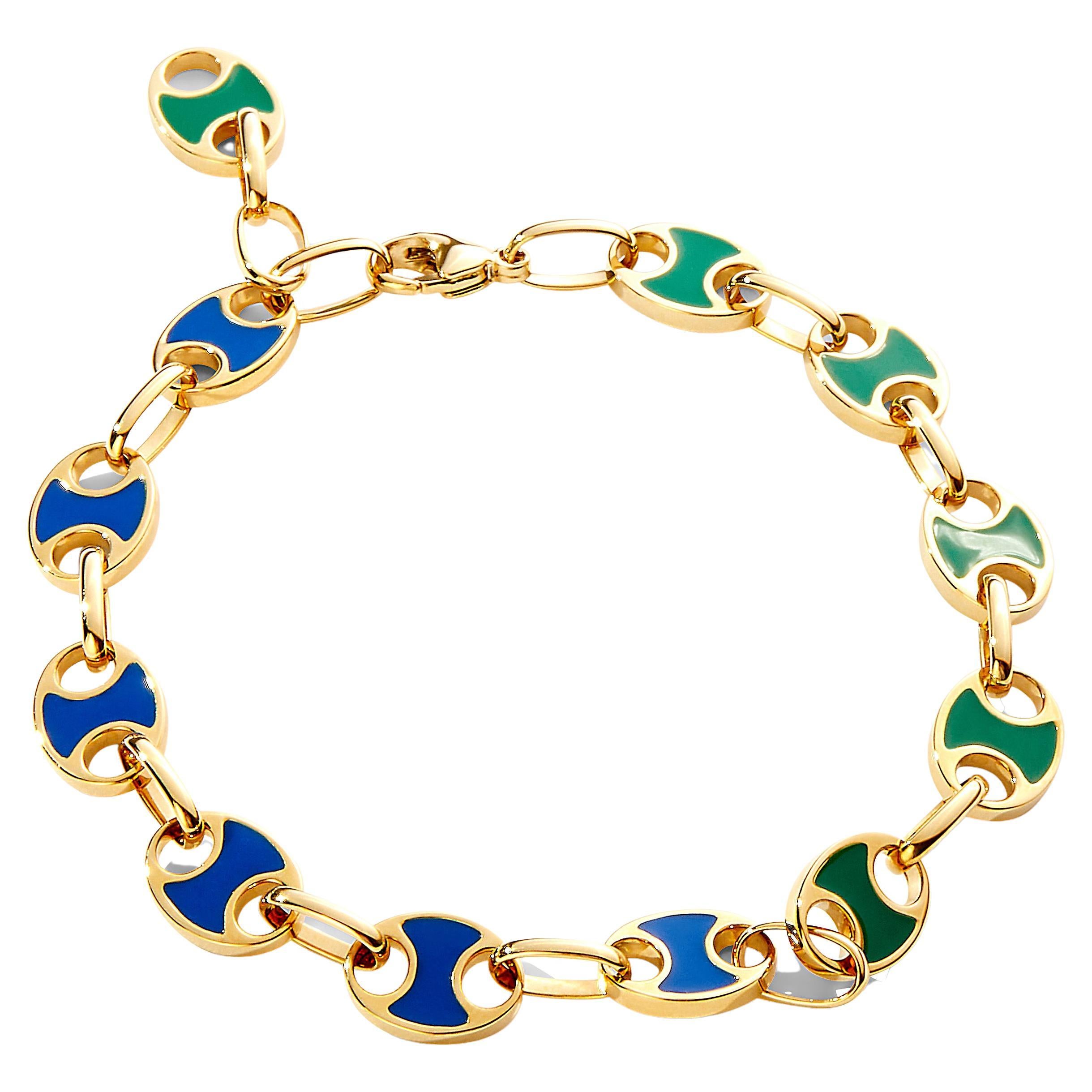 Syna Yellow Gold Geometrix Bracelet with Emerald Green and Lapis Blue Enamel For Sale