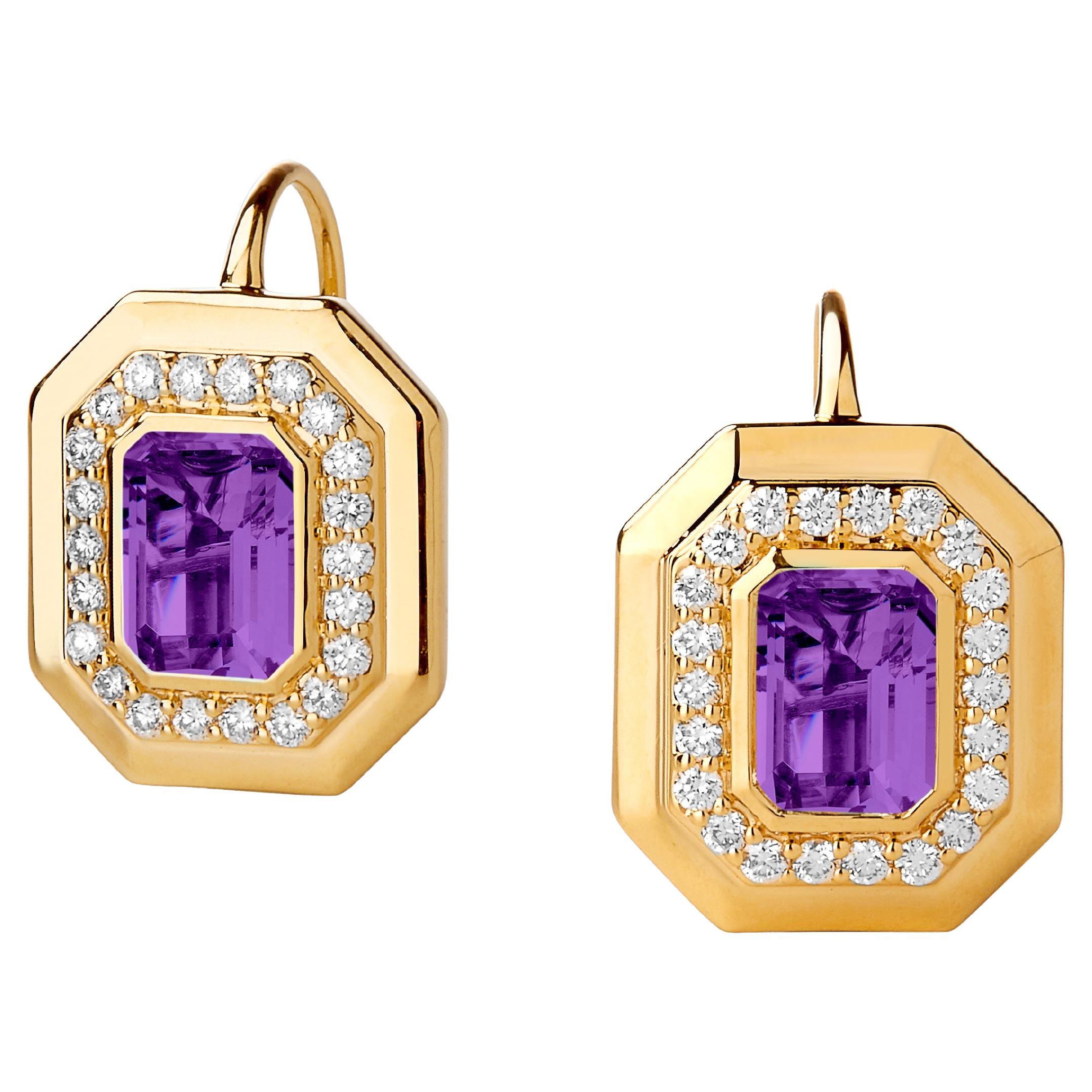 Geometrische Syna-Ohrringe aus Gelbgold mit Amethyst und Diamanten