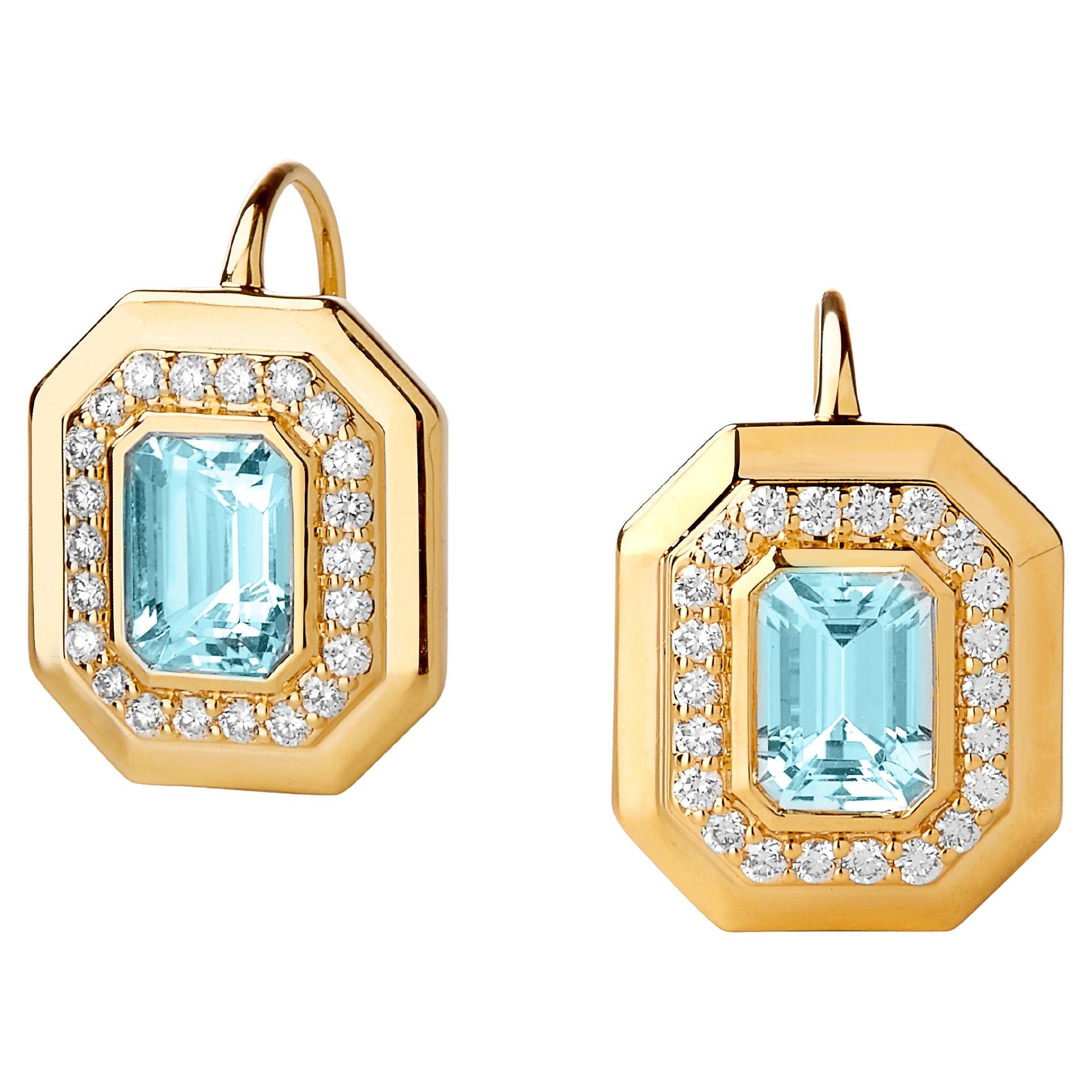 Syna Boucles d'oreilles géométriques en or jaune avec topaze bleue et diamants