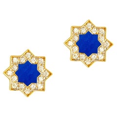 Syna Yellow Gold Geometrix Earrings with Lapis Enamel and Diamonds