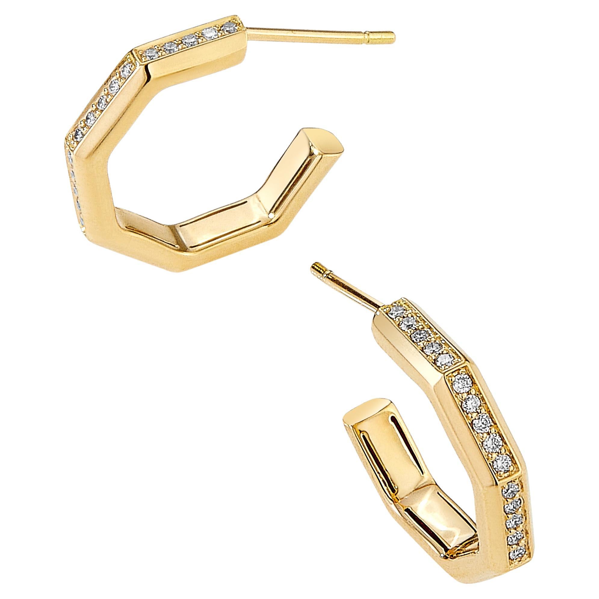 Syna Yellow Gold Geometrix Hoop Earrings with Diamonds For Sale