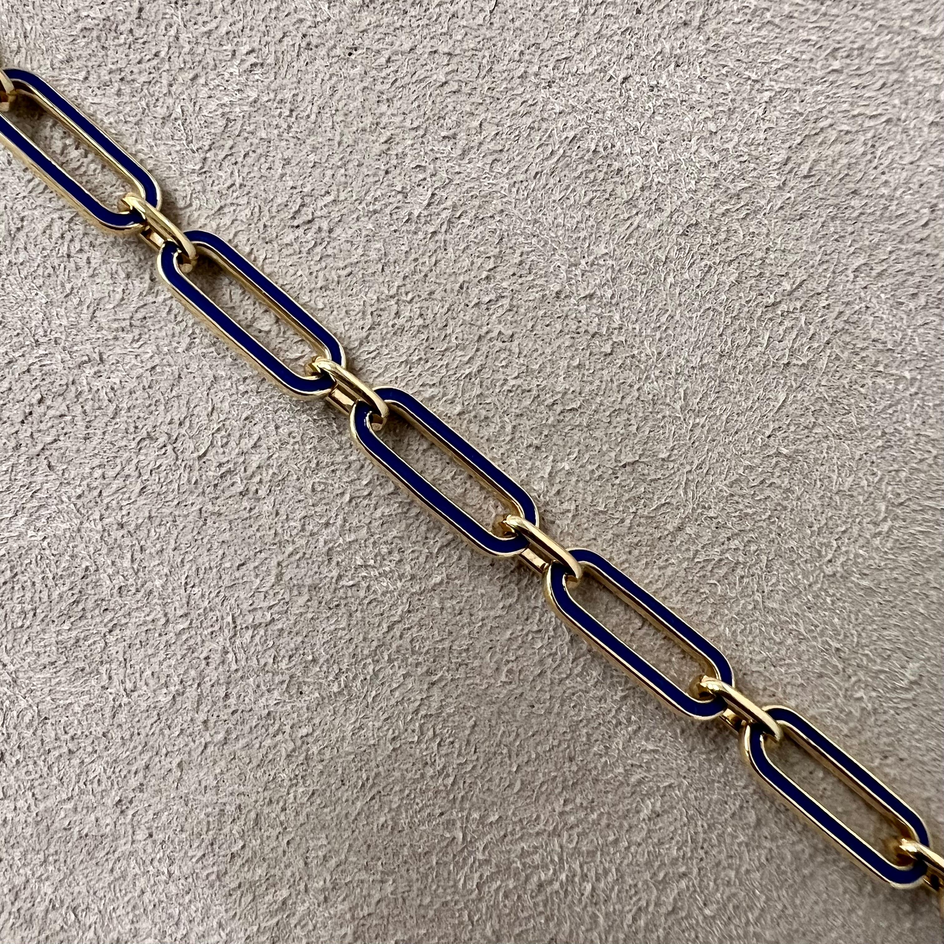 Created in 18 karat yellow gold
Lapis enamel details
8 inch length 
18 karat yellow gold lobster clasp
Bracelet can be clasped at any length
Also available in various lengths

Fabricated from 18 karat yellow gold, this 8 inch bracelet is intricate