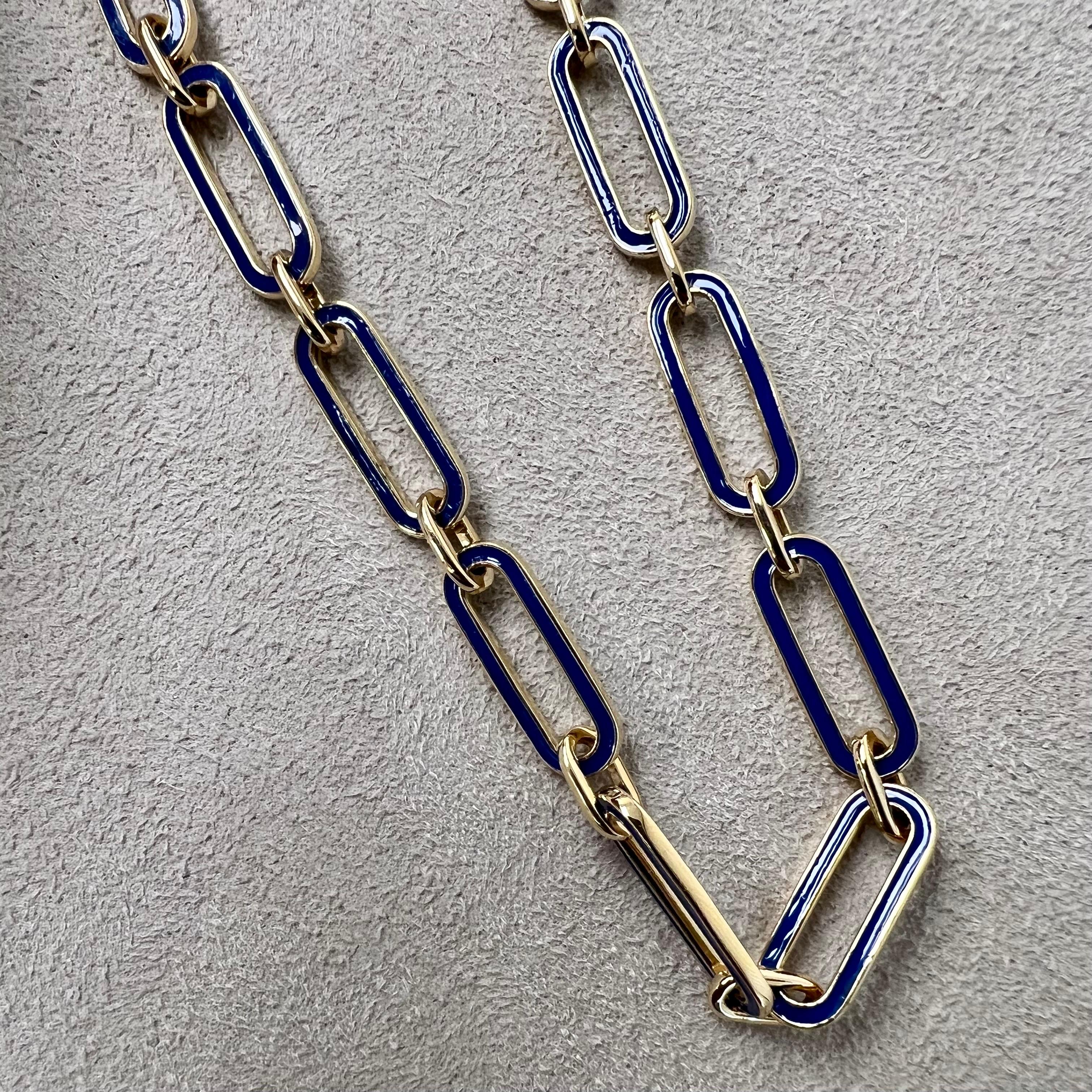 Contemporary Syna Yellow Gold Geometrix Paper Clip Lapis Blue Enamel Bracelet For Sale