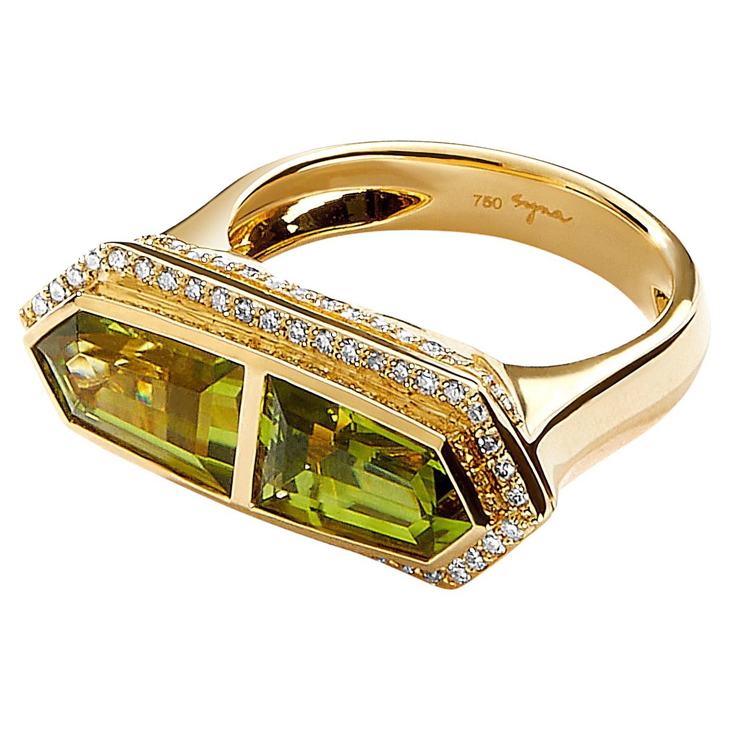 Syna Yellow Gold Geometrix Peridot and Diamond Ring For Sale