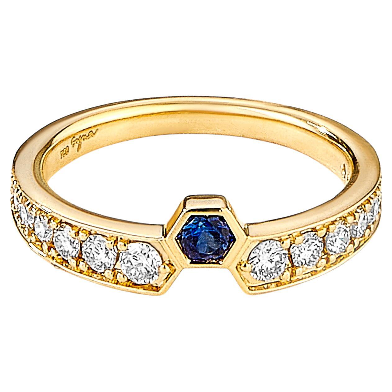 Syna Geometrischer Ring aus Gelbgold mit blauem Saphir und Diamanten im Angebot