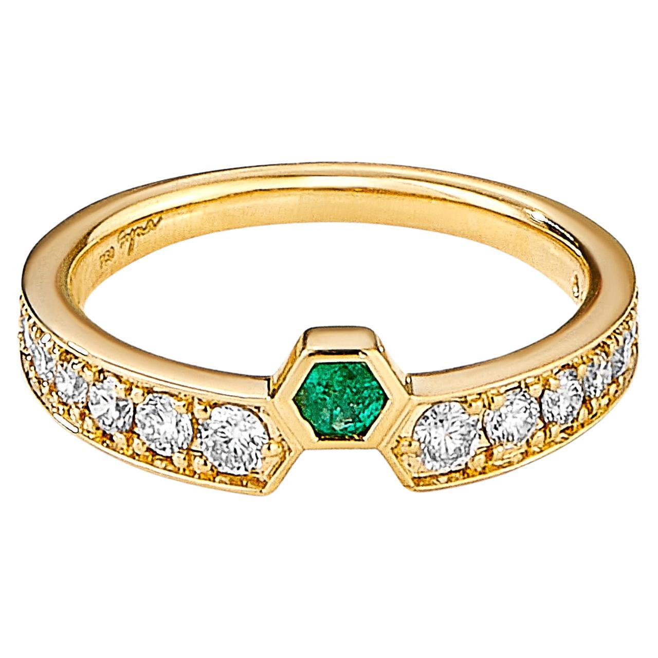Syna Yellow Gold Geometrix Ring with Emerald and Diamonds For Sale
