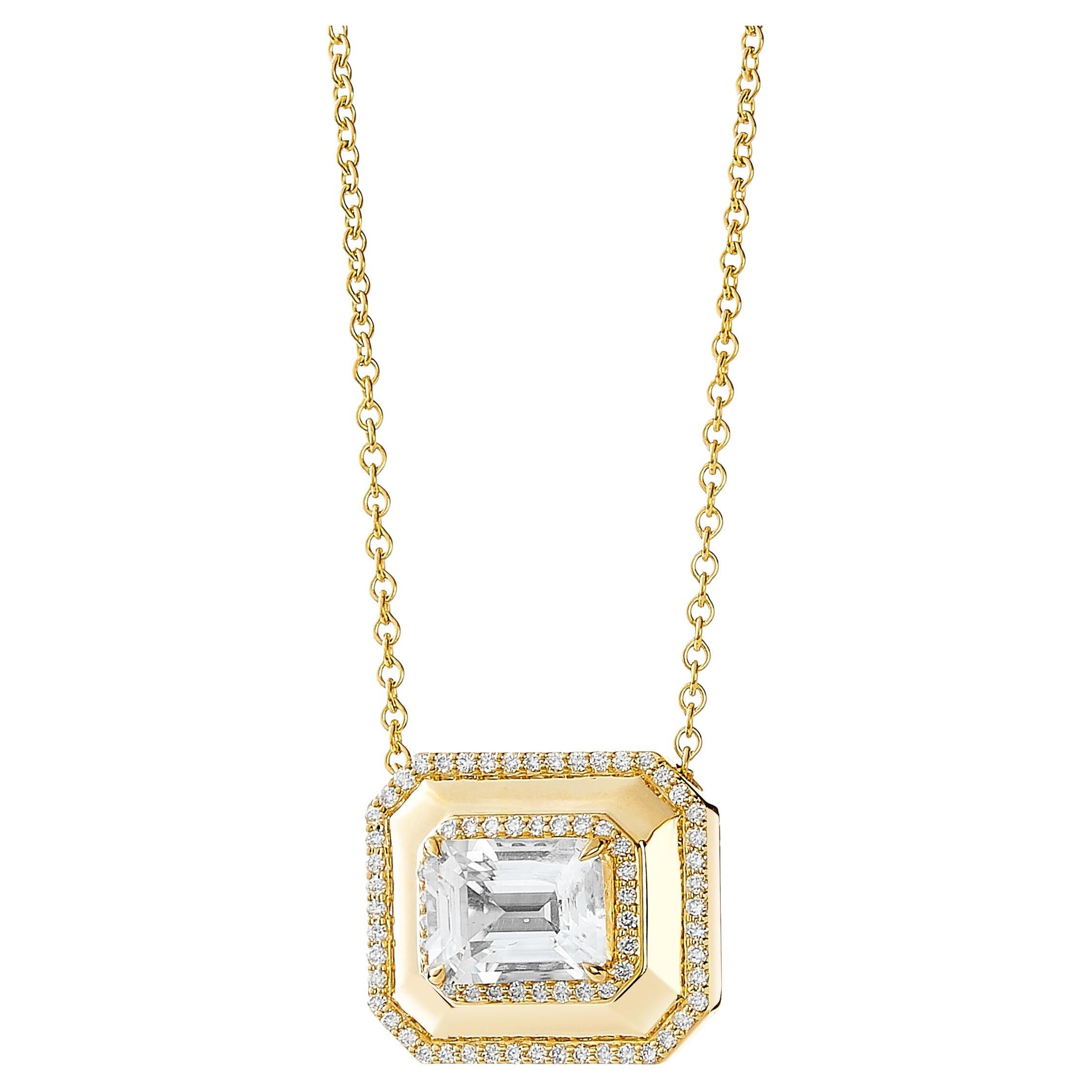 Syna Yellow Gold Geometrix Rock Crystal Necklace with Diamonds For Sale