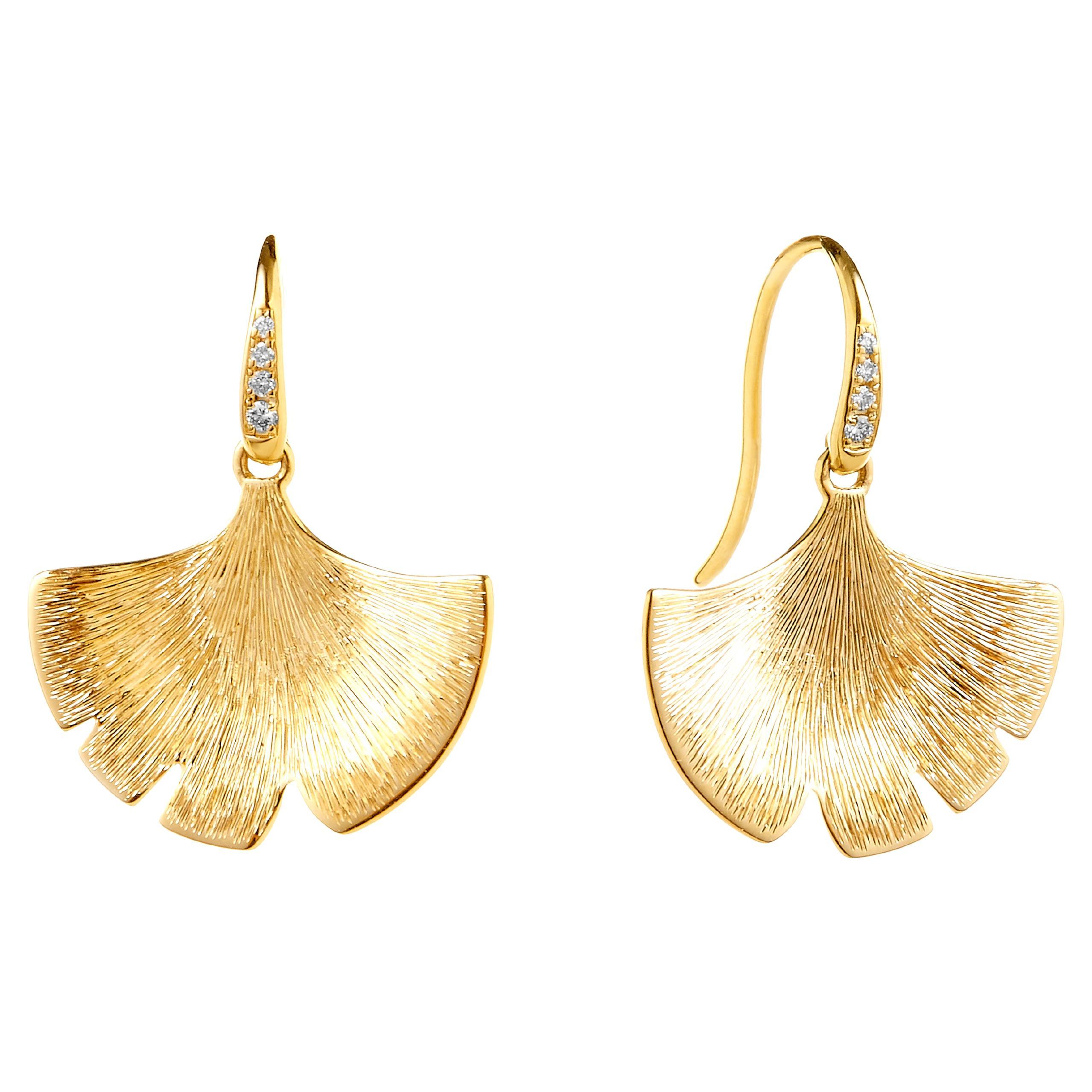 Syna Yellow Gold Gingko Earrings with Diamonds For Sale
