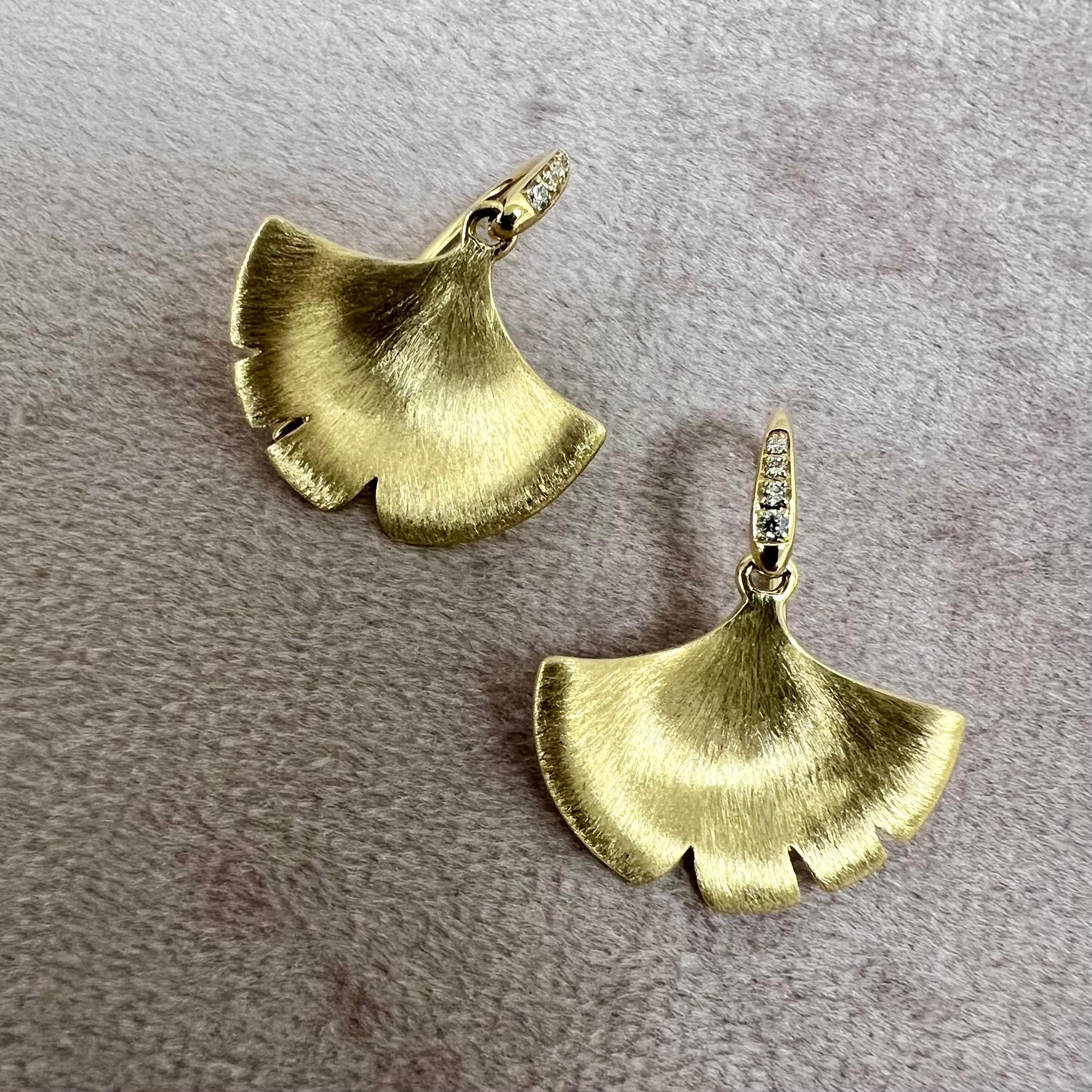 Contemporary Syna Yellow Gold Gingko Earrings with Diamonds For Sale