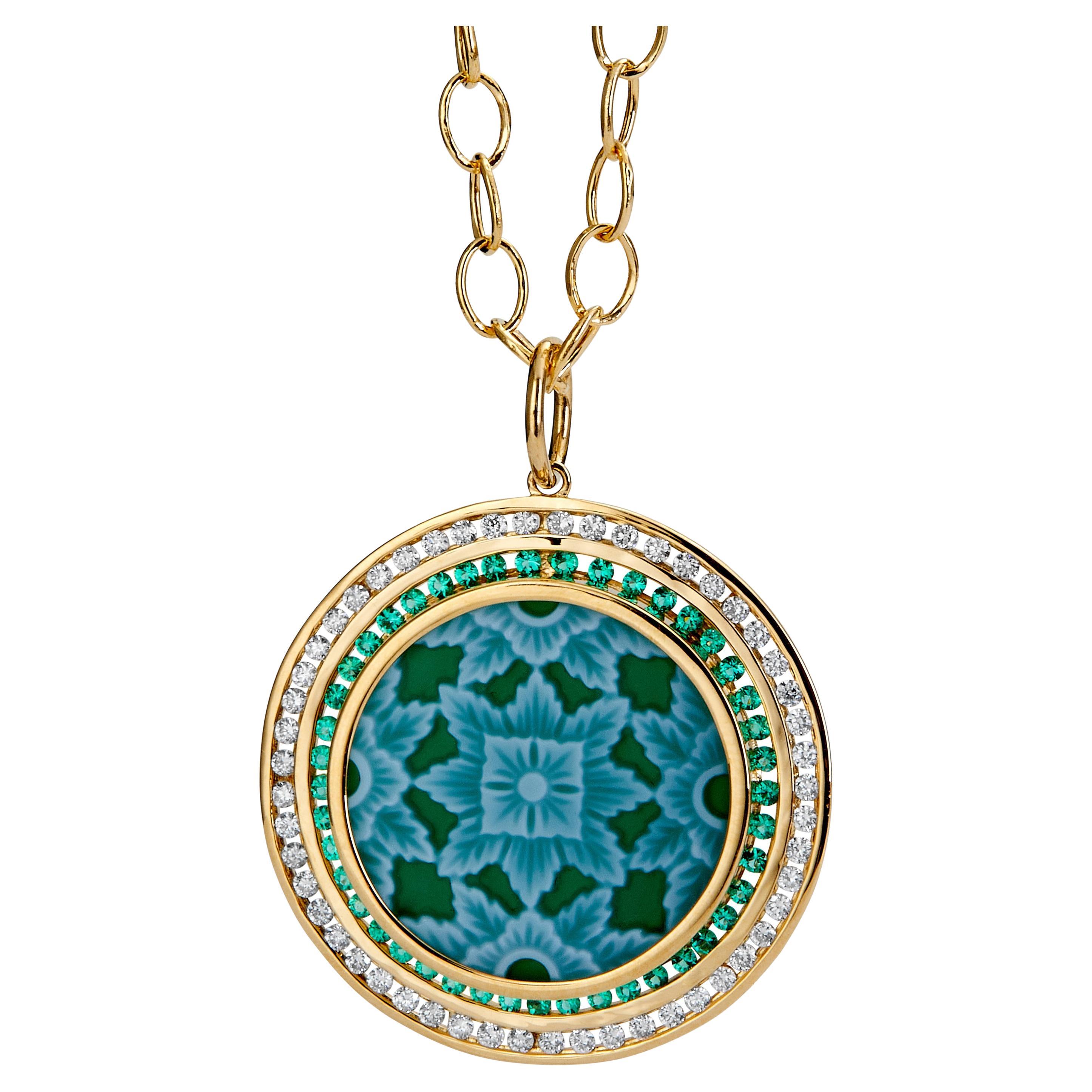 Syna Yellow Gold Green Agate Cameo Pendant with Emeralds and Diamonds