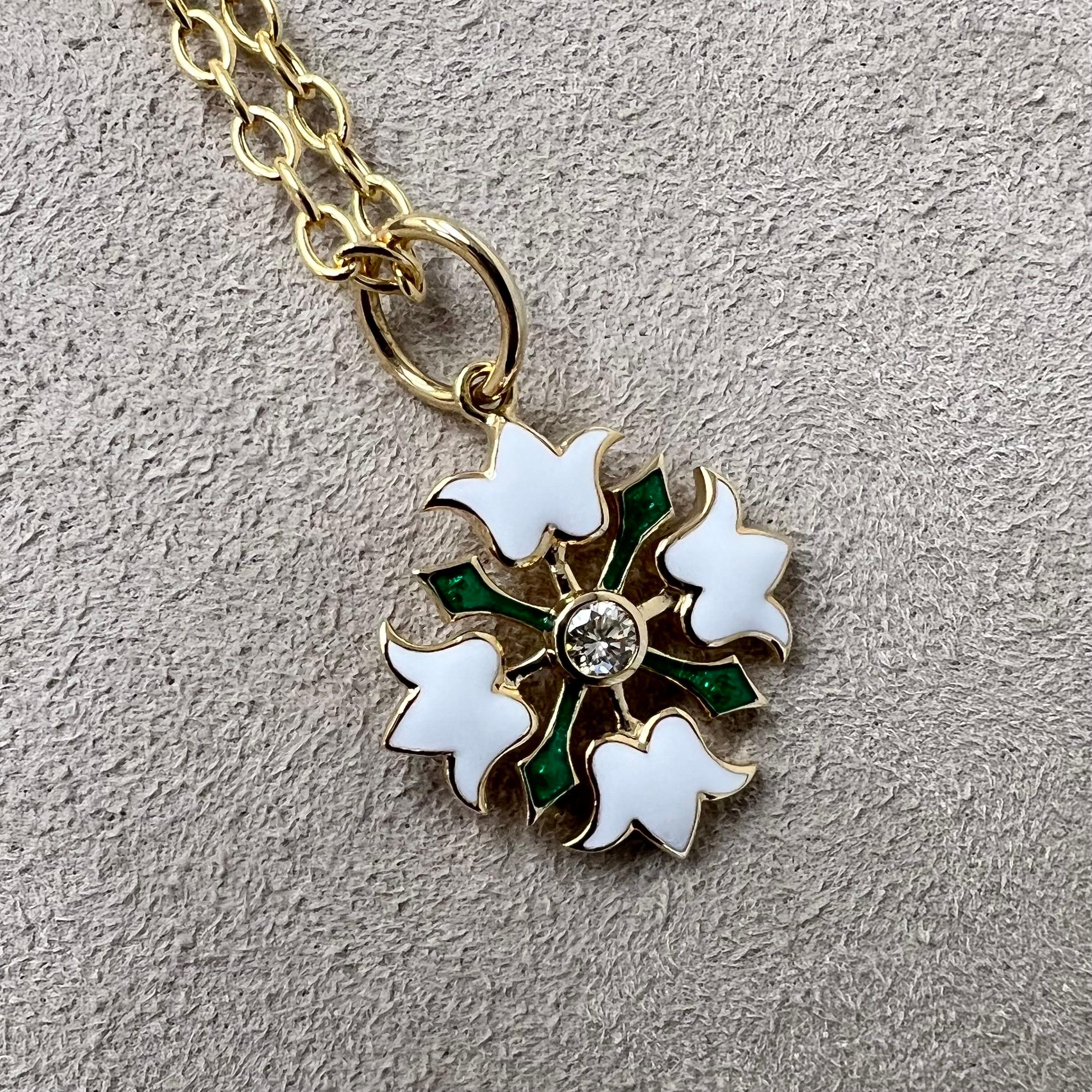 Contemporary Syna Yellow Gold Green and White Enamel Flower Pendant with Diamonds For Sale