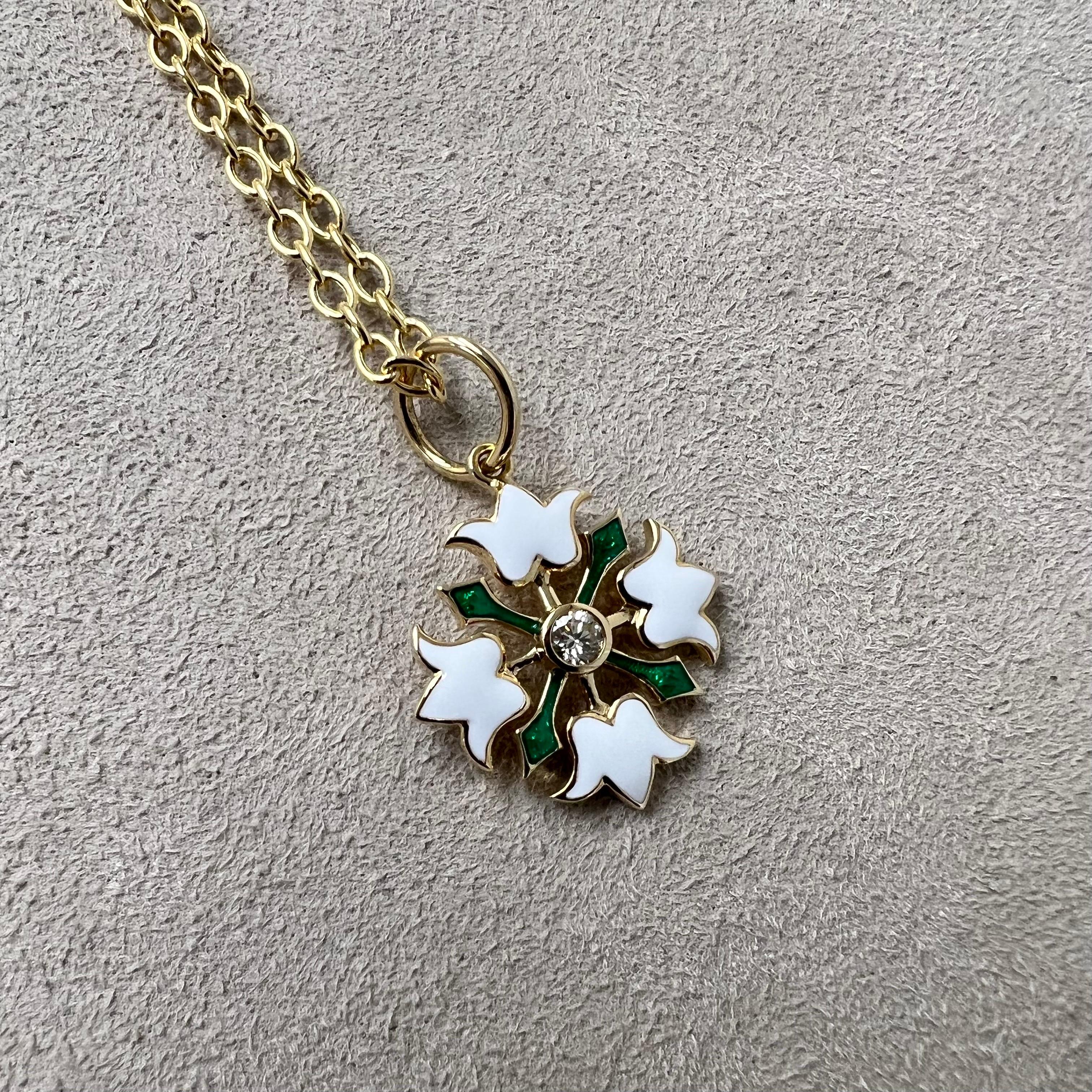 Round Cut Syna Yellow Gold Green and White Enamel Flower Pendant with Diamonds For Sale