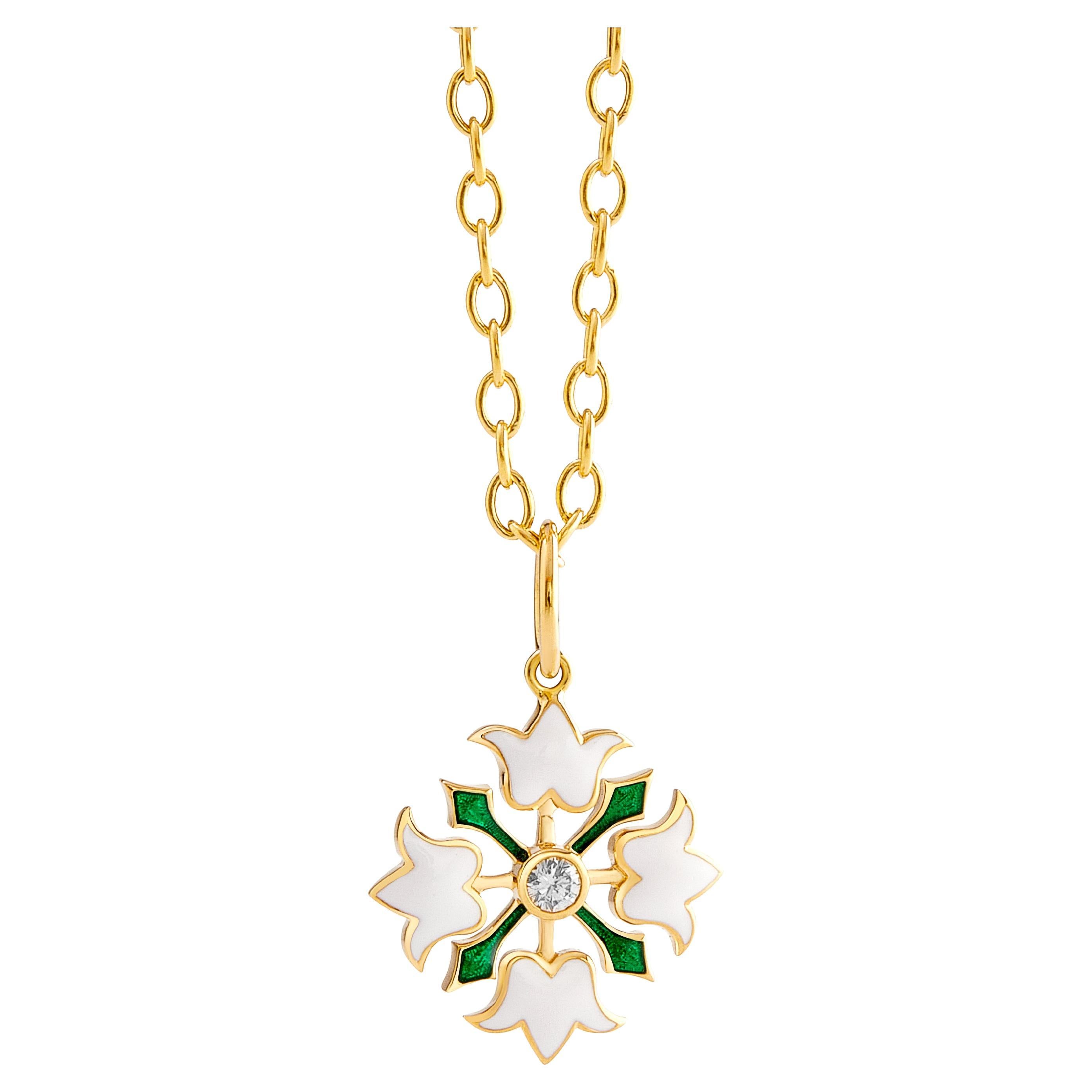 Syna Yellow Gold Green and White Enamel Flower Pendant with Diamonds For Sale