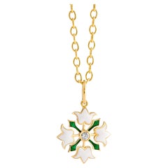 Syna Yellow Gold Green and White Enamel Flower Pendant with Diamonds