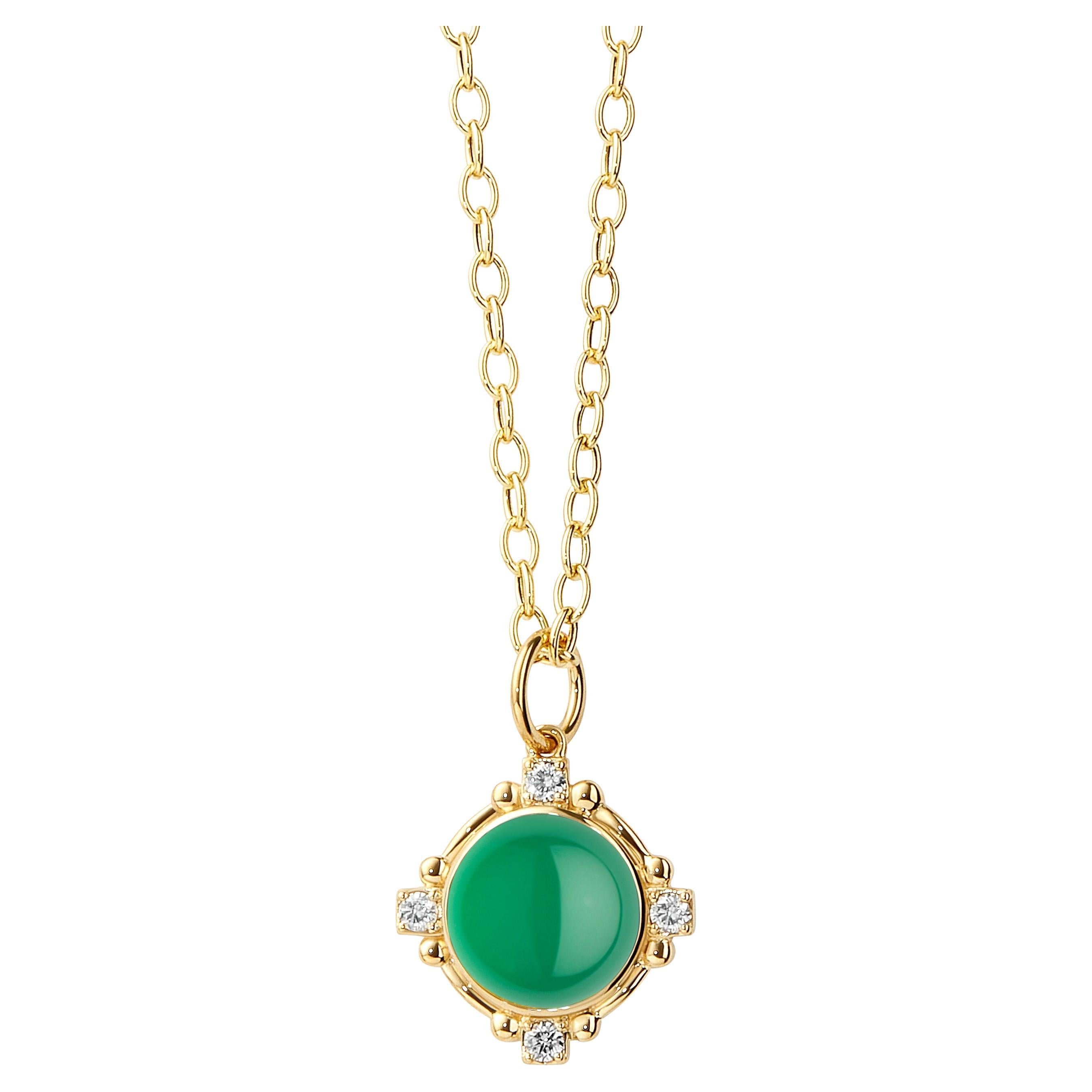 Syna Yellow Gold Green Chalcedony Pendant with Diamonds