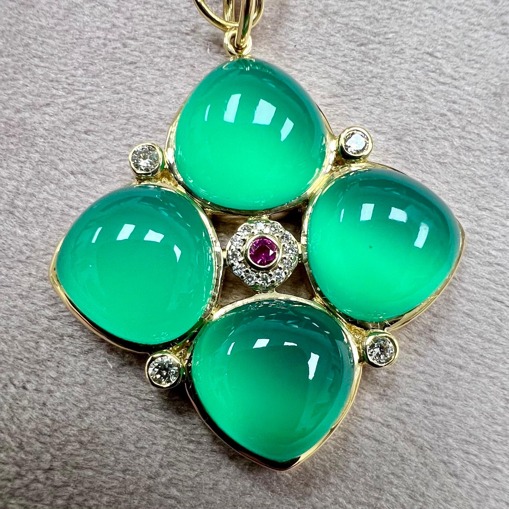 Mixed Cut Syna Yellow Gold Green Chalcedony Pendant with Ruby and Diamonds For Sale