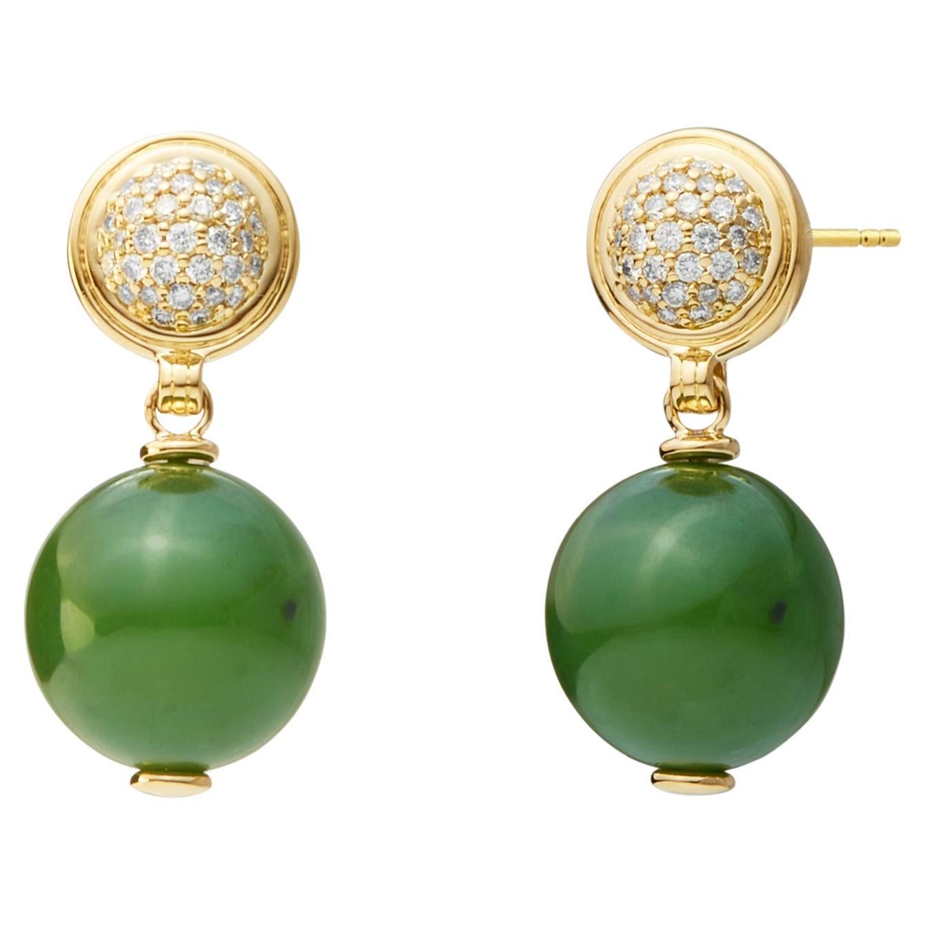 Syna Yellow Gold Green Jade Earrings with Diamonds For Sale