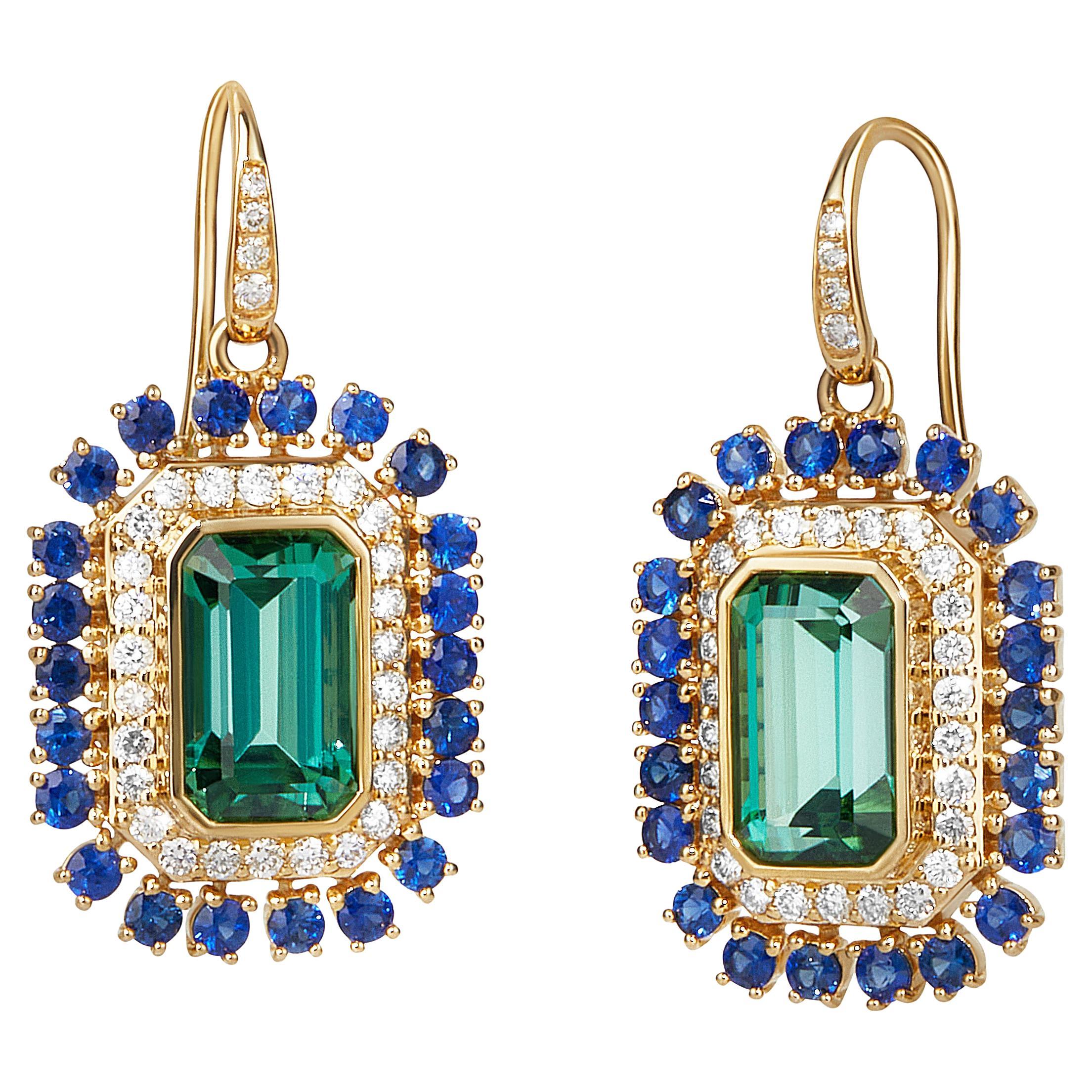 Syna Yellow Gold Green Tourmaline and Blue Sapphire Earrings with Diamonds