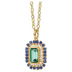 Syna Yellow Gold Green Tourmaline and Blue Sapphire Pendant with Diamonds