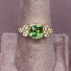 Syna Yellow Gold Green Tourmaline Cushion Ring with Diamonds