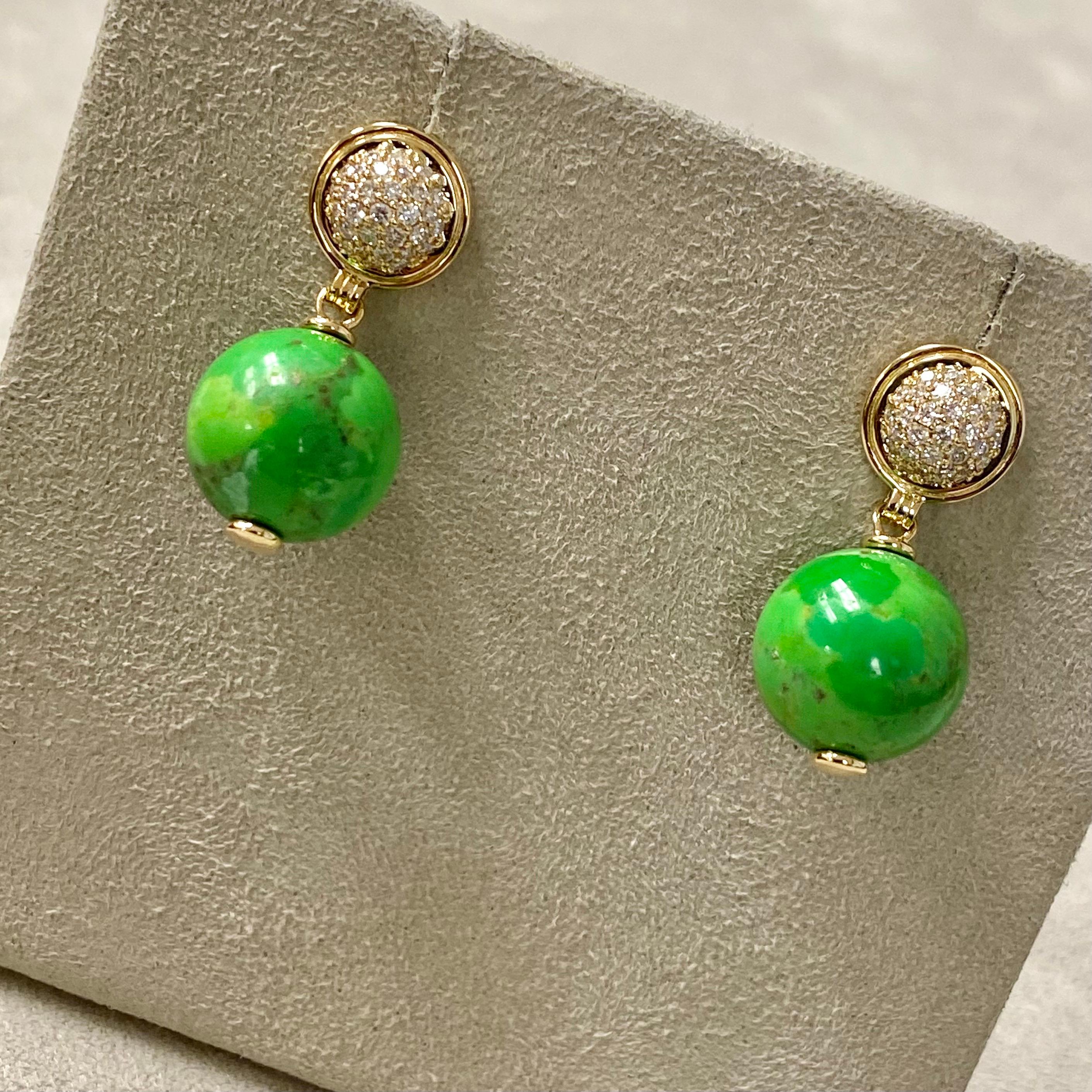 Contemporary Syna Yellow Gold Green Turquoise Earrings with Diamonds