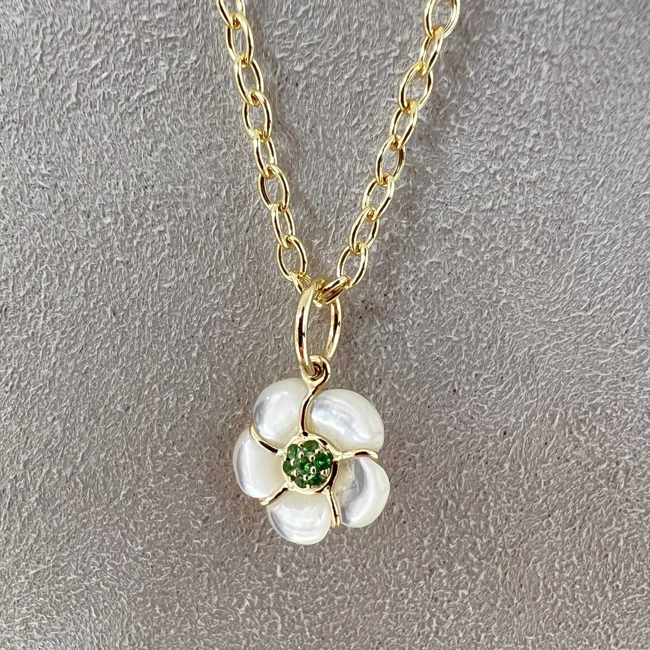 Contemporary Syna Yellow Gold Hand-carved Mother of Pearl Flower Pendant with Tsavorites For Sale