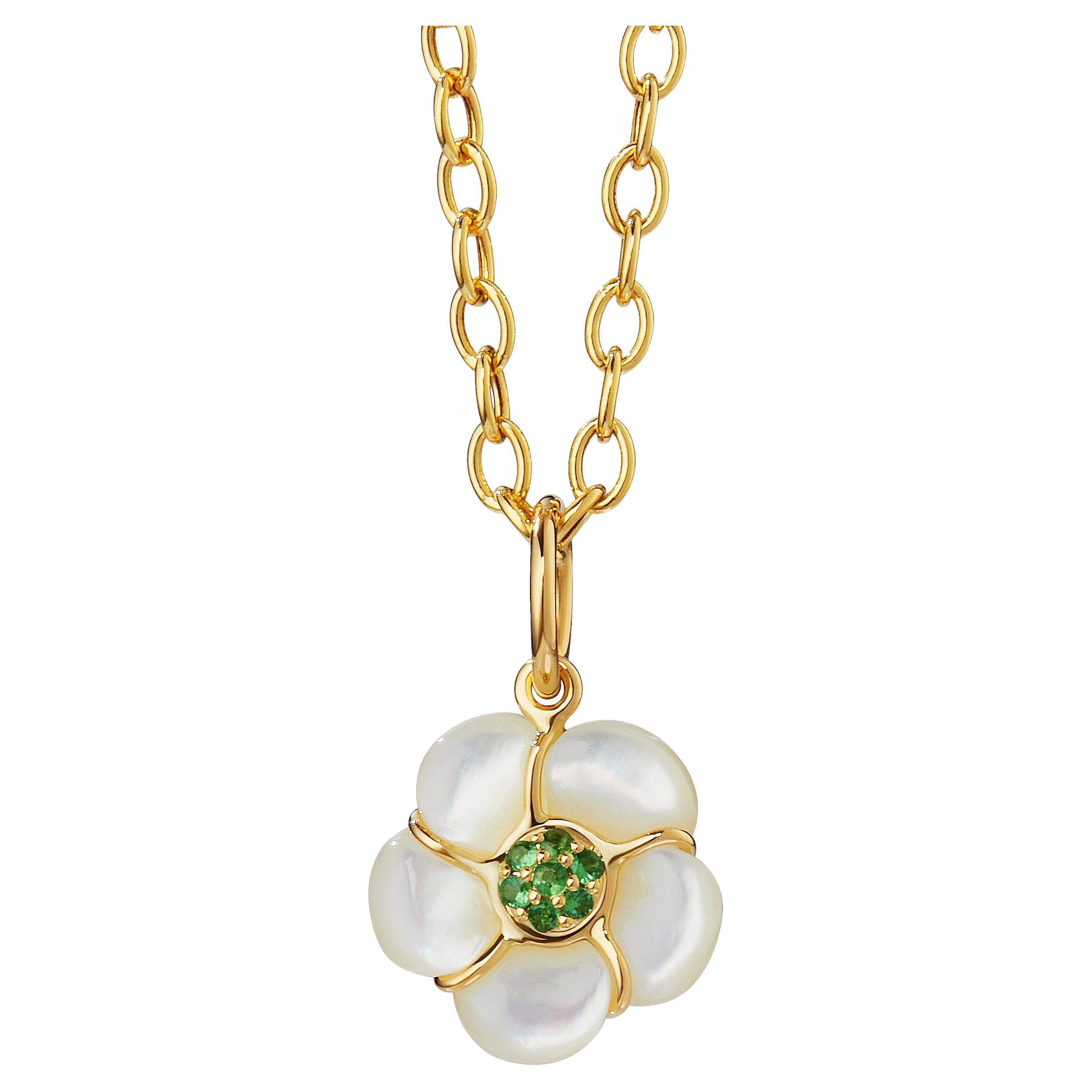 Syna Yellow Gold Hand-carved Mother of Pearl Flower Pendant with Tsavorites For Sale