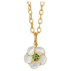 Syna Yellow Gold Hand-carved Mother of Pearl Flower Pendant with Tsavorites